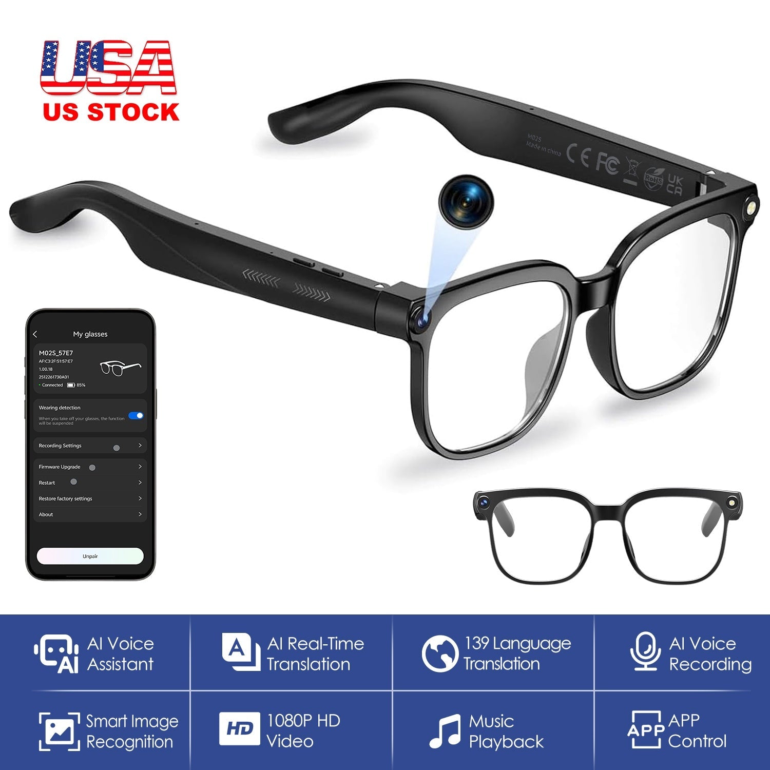 AI Smart Glasses Video Recording Sunglasses with Camera and Audio 8MP HD1080P Real Time Translation 139 Languages Voice Assistant AI Photo Recognition