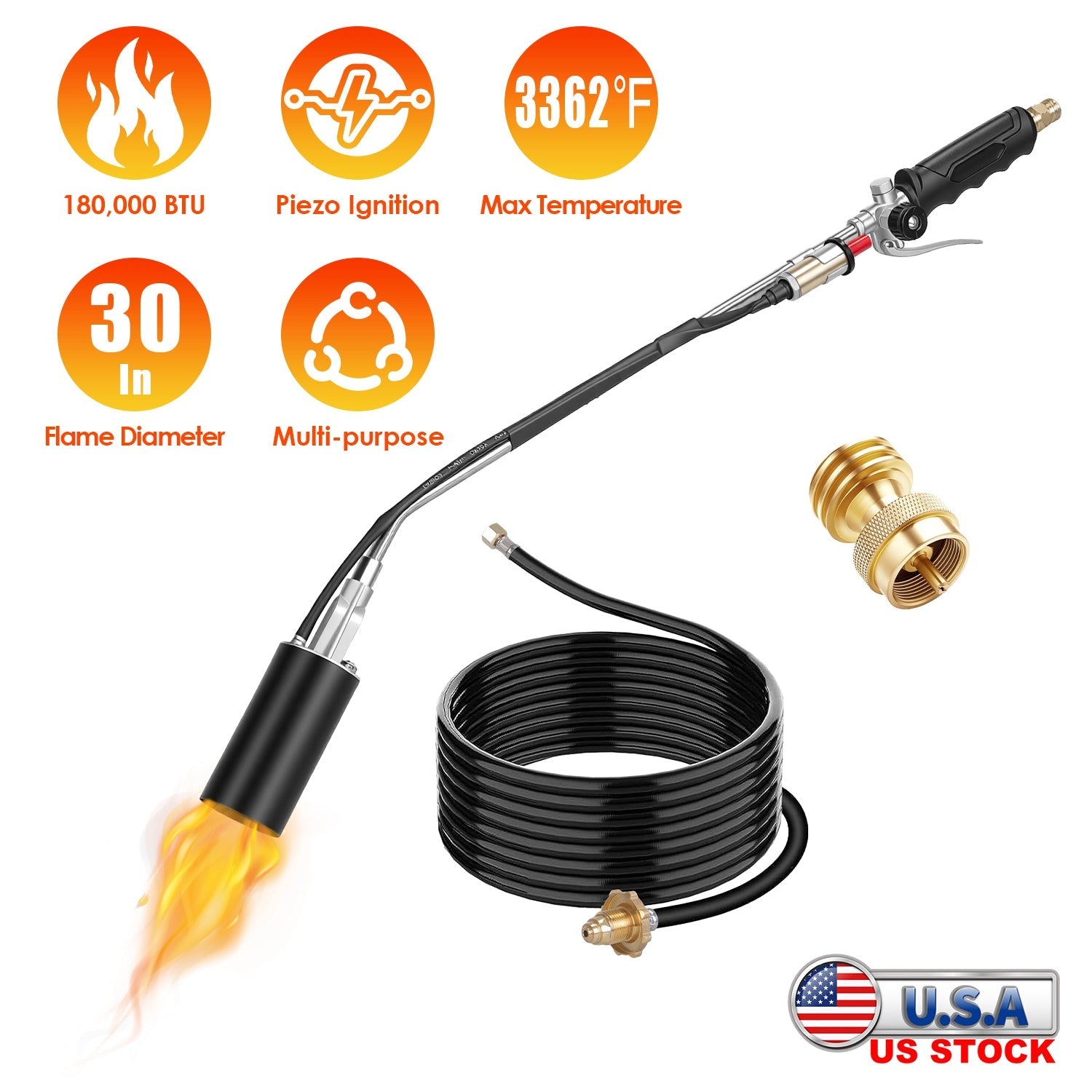 180,000 BTU Propane Weed Torch Heavy Duty Weed Burner Flame Weeder with 10FT Hose Piezo Ignition Adjustable Flame Control for Weeds Ice Snow Asphalt F