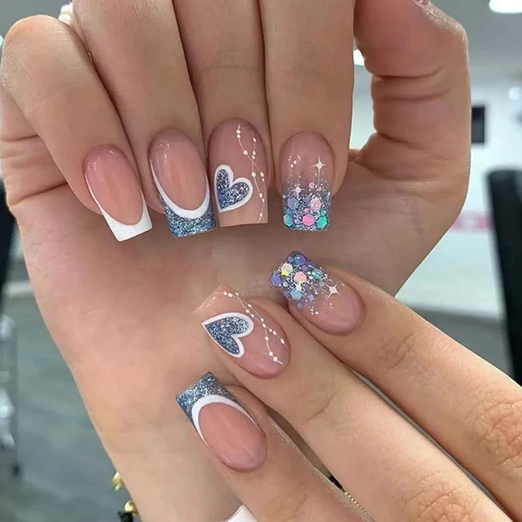 24pc Short French Pop Heart Press On Nails - Includes Jelly Gel & Nail File