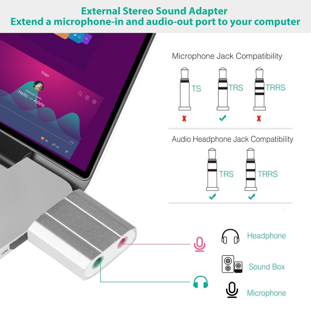 USB Audio Adapter External Stereo Sound Card w/ 3.5mm Headphone Microphone Jack Sound Converter For PC Laptops