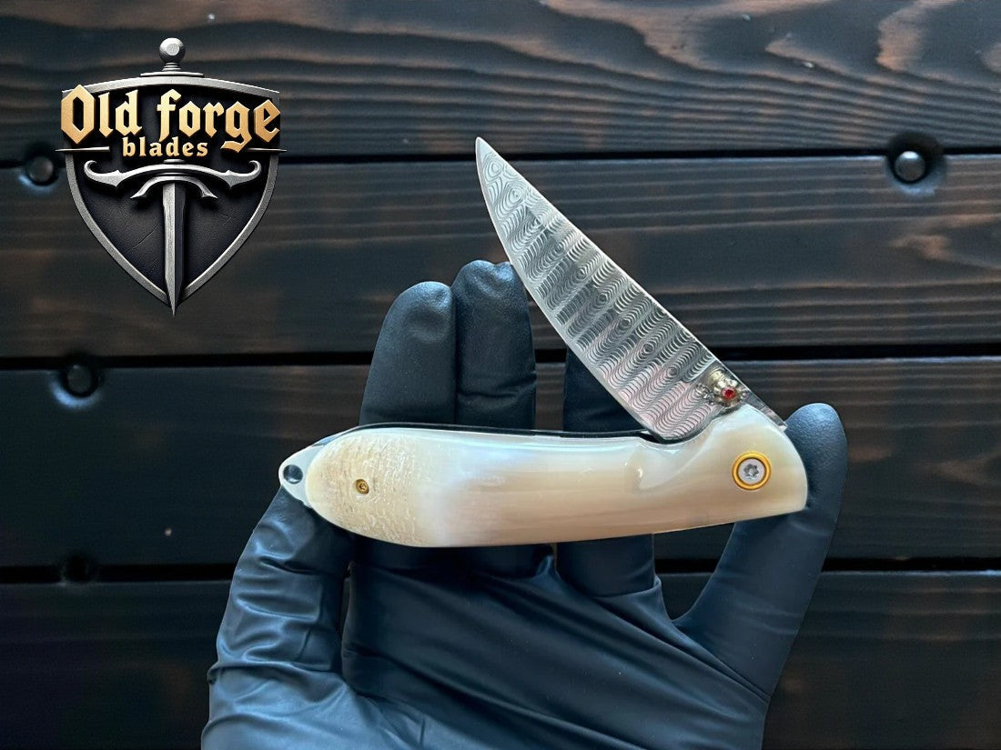 Handmade Damascus Foldable Pocket Knife with Bone Handle