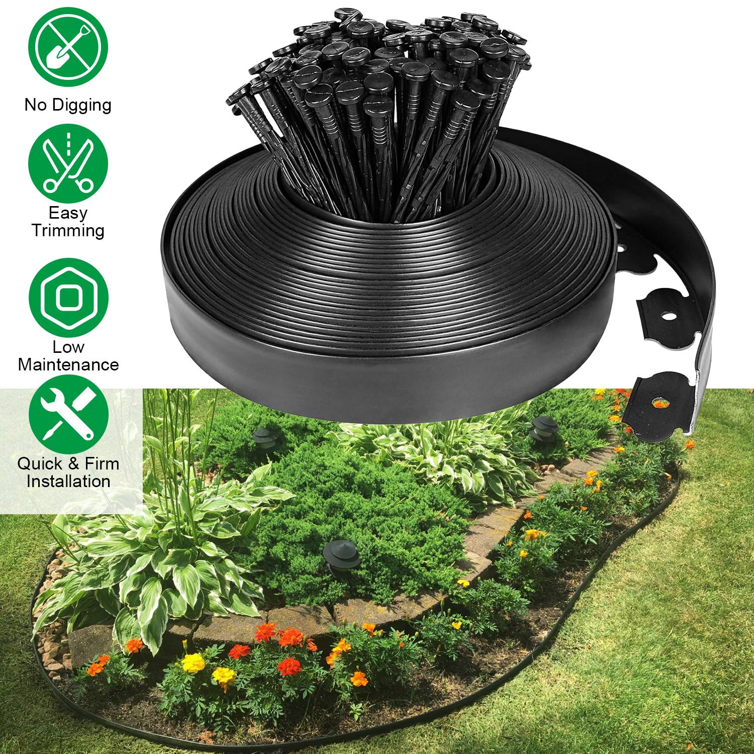 100FT Non-Digging Plastic Garden Edging Kit Plastic Garden Border with 90 Spikes 2In Tall Border Edging for Garden Lawn Yard Flower Beds