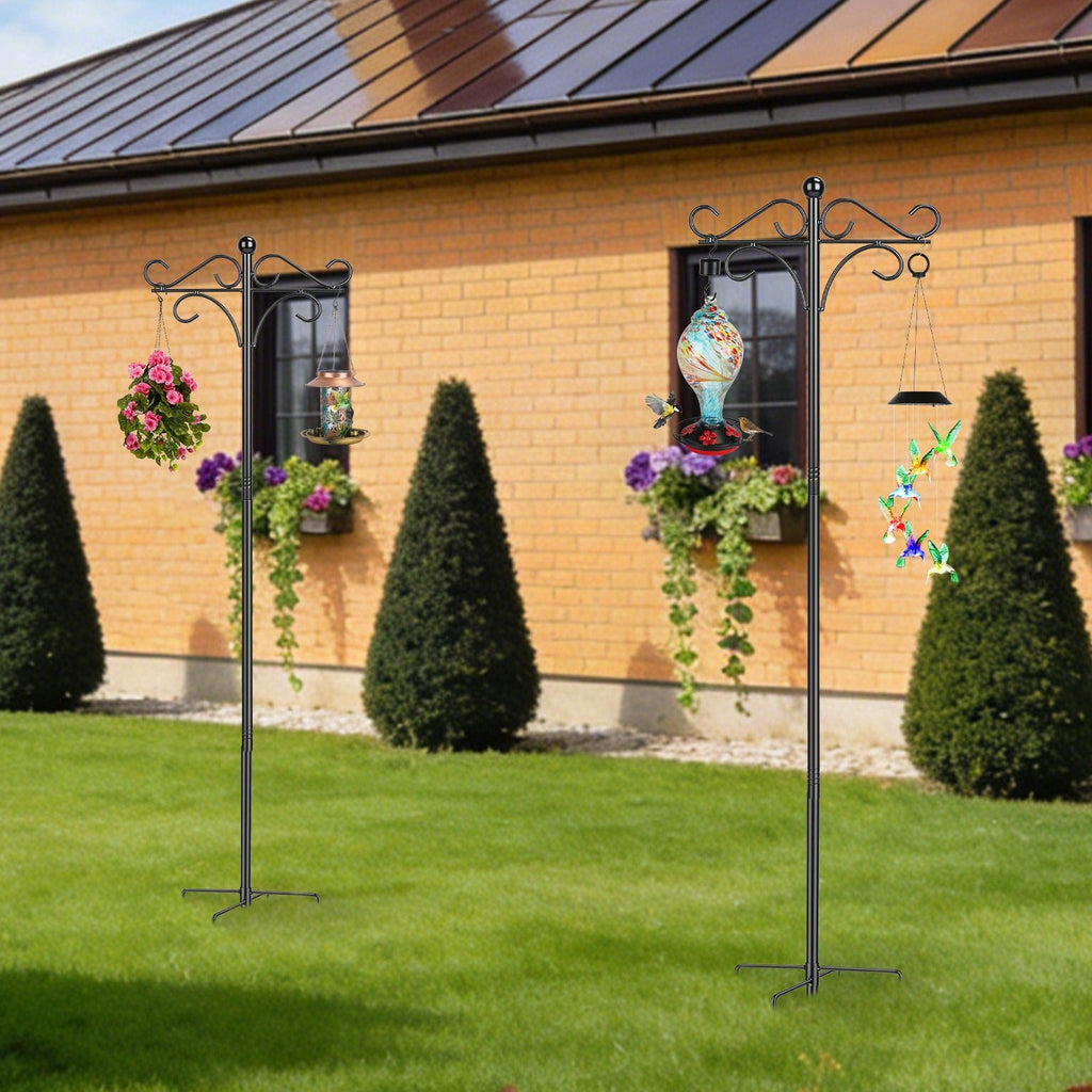 2 Packs 91in Heavy Duty Double Shepherds Hook Bird Feeder Pole Garden Hanging Holder with 5 Adjustable Height 5 Prong Base for Bird Feeder Garden Plan