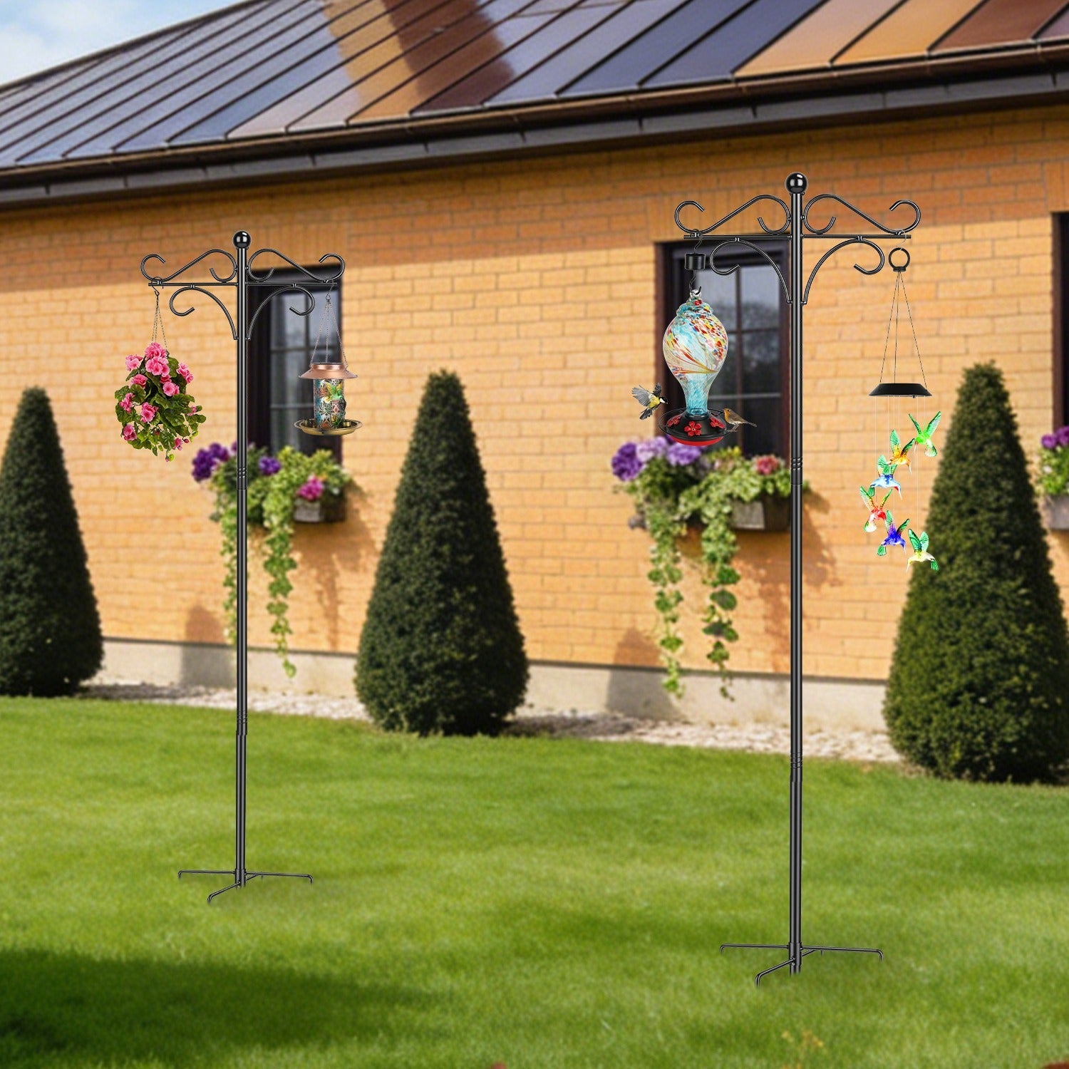 2 Packs 91in Heavy Duty Double Shepherds Hook Bird Feeder Pole Garden Hanging Holder with 5 Adjustable Height 5 Prong Base for Bird Feeder Garden Plan