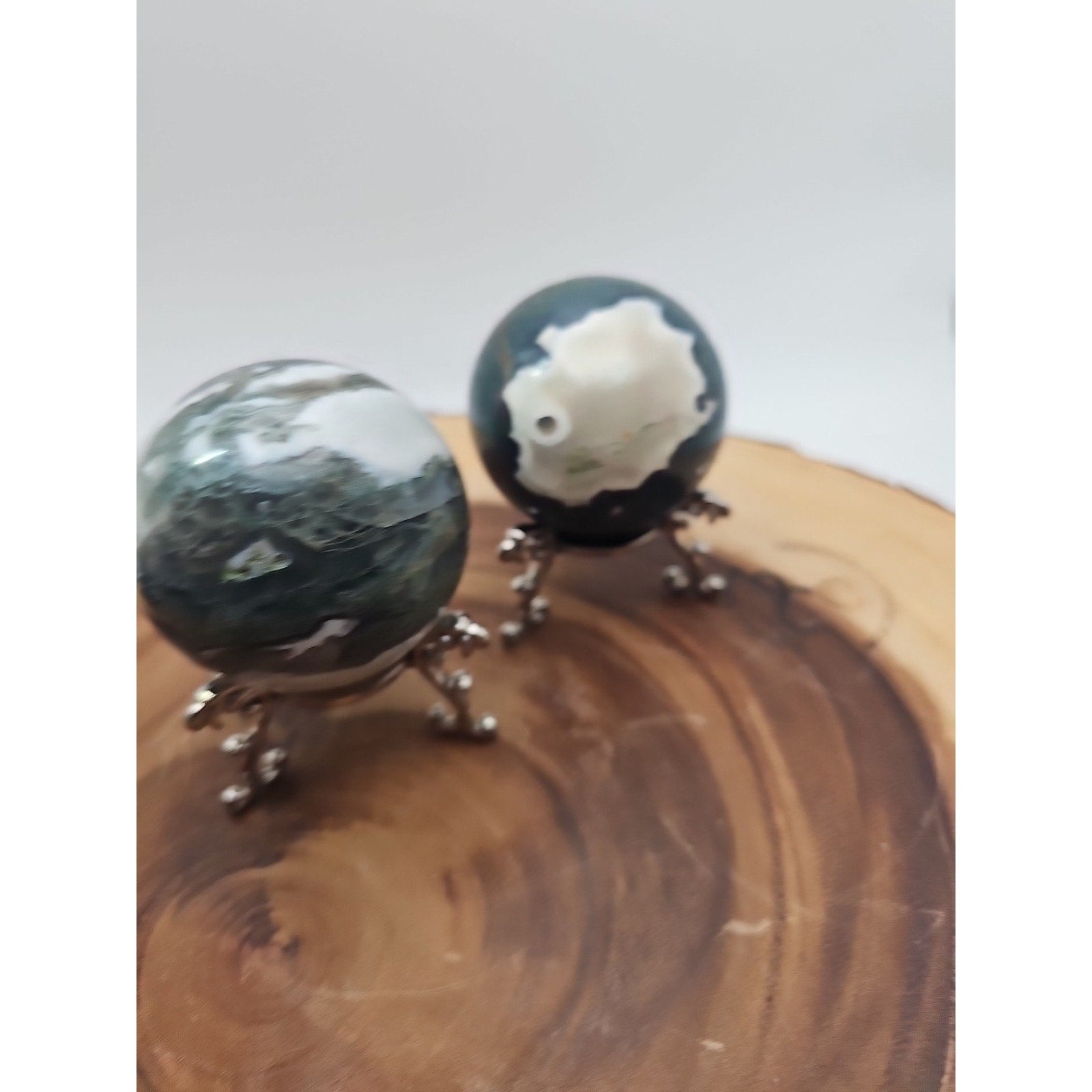 1 Pair Moss Tree Agate Sphere W/Stand 52mm .93lb
