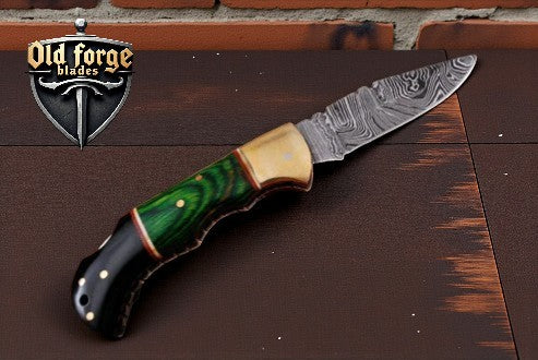 Handmade Damascus Pocket Knife, 3" Blade & Hardwood Handle