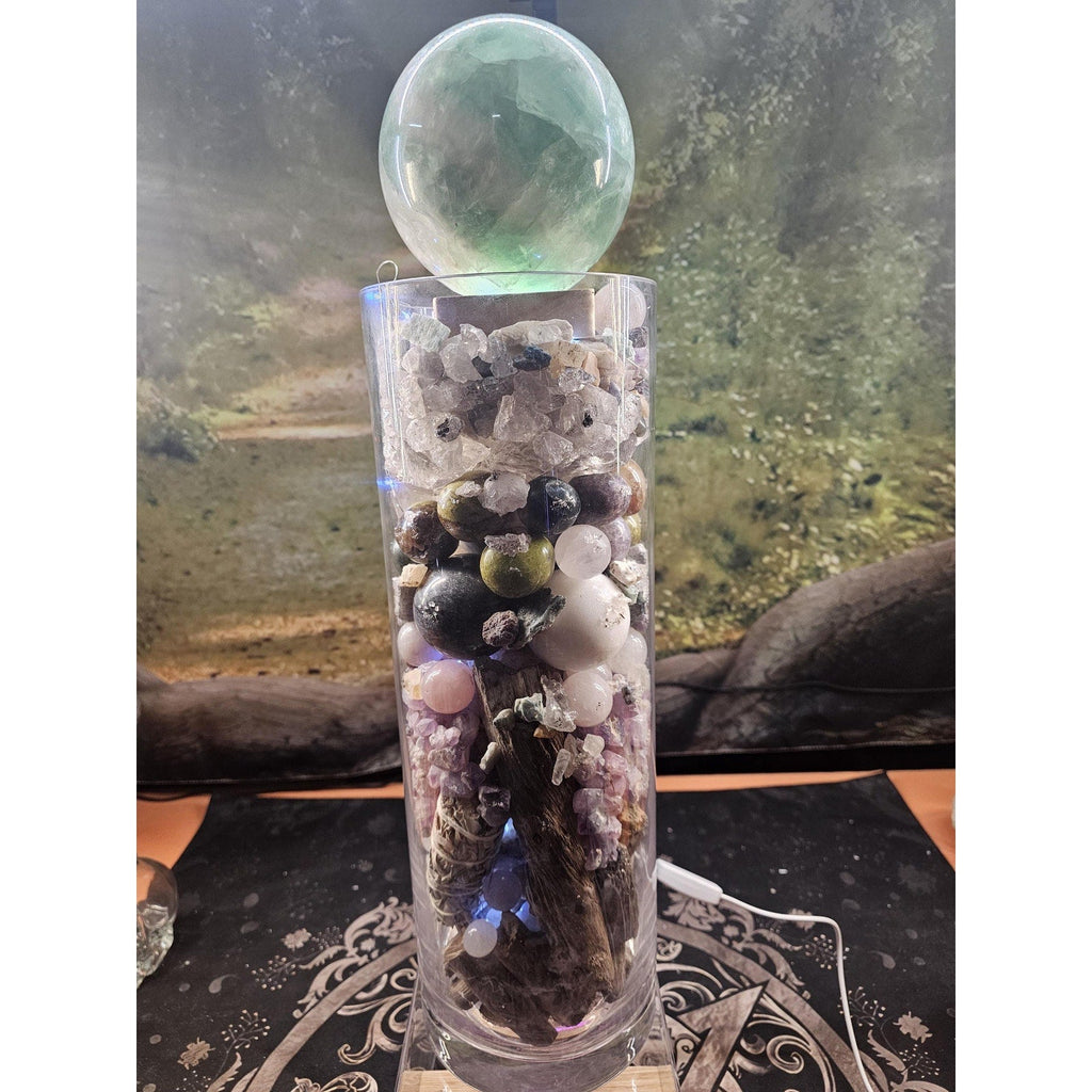 22lb Mixed Crystal Vase Collection - LED Fluorite Sphere & Amethyst | CrystalCloud Company