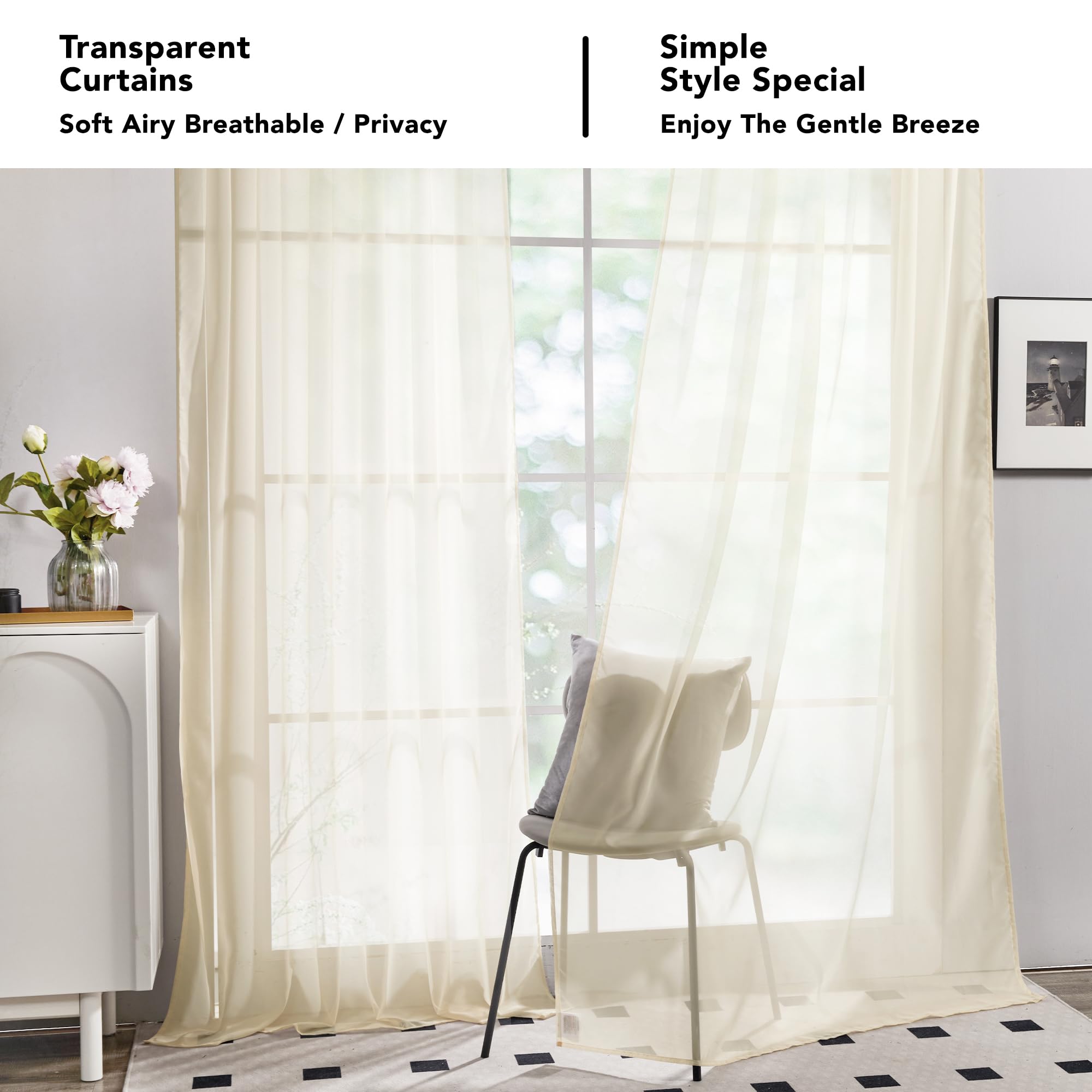 Semi-Transparent White Sheers, 52x63 Inch