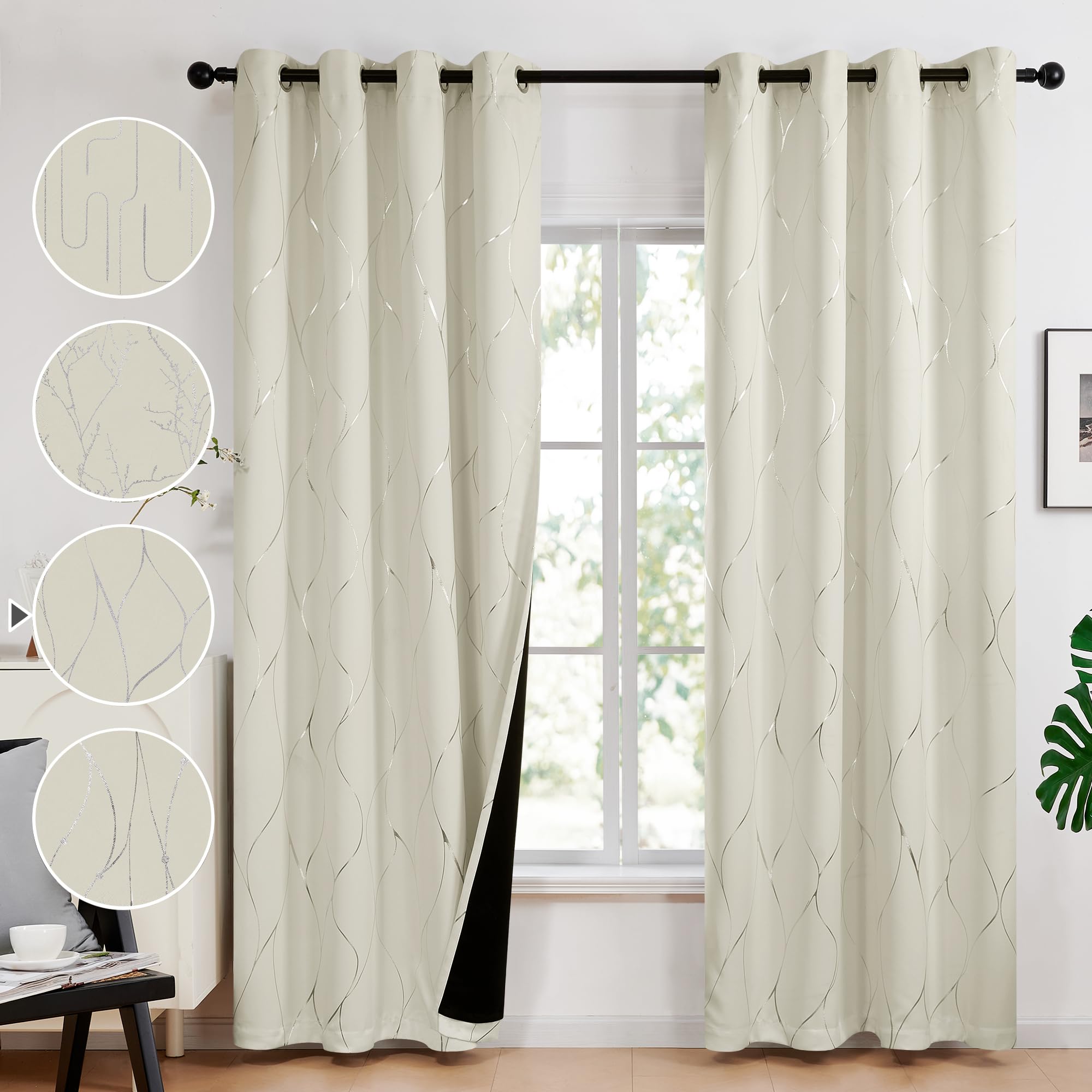 Total Blackout Curtains with Silver Print, 2 Panels