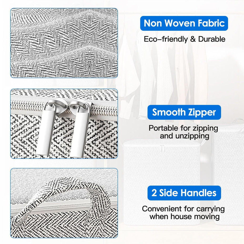 4 Pack Foldable Non Woven Storage Bags Closet Organizers Wardrobe Sorting Baskets with 2 Handles Dustproof Lid Zipper for Clothes Quilt 30L 110L 150L