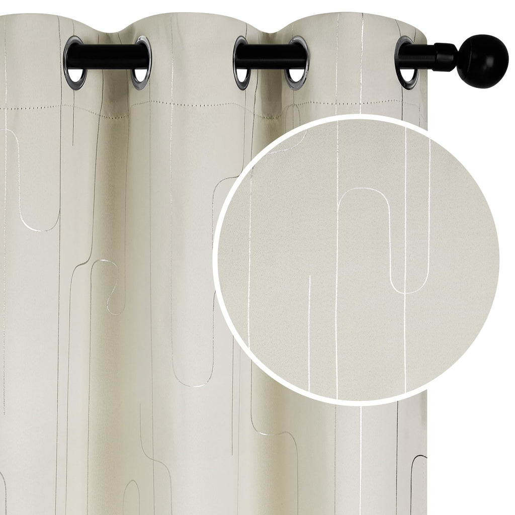 Room Darkening Curtains with Line Foil Print, Navy Blue, 2 Panels