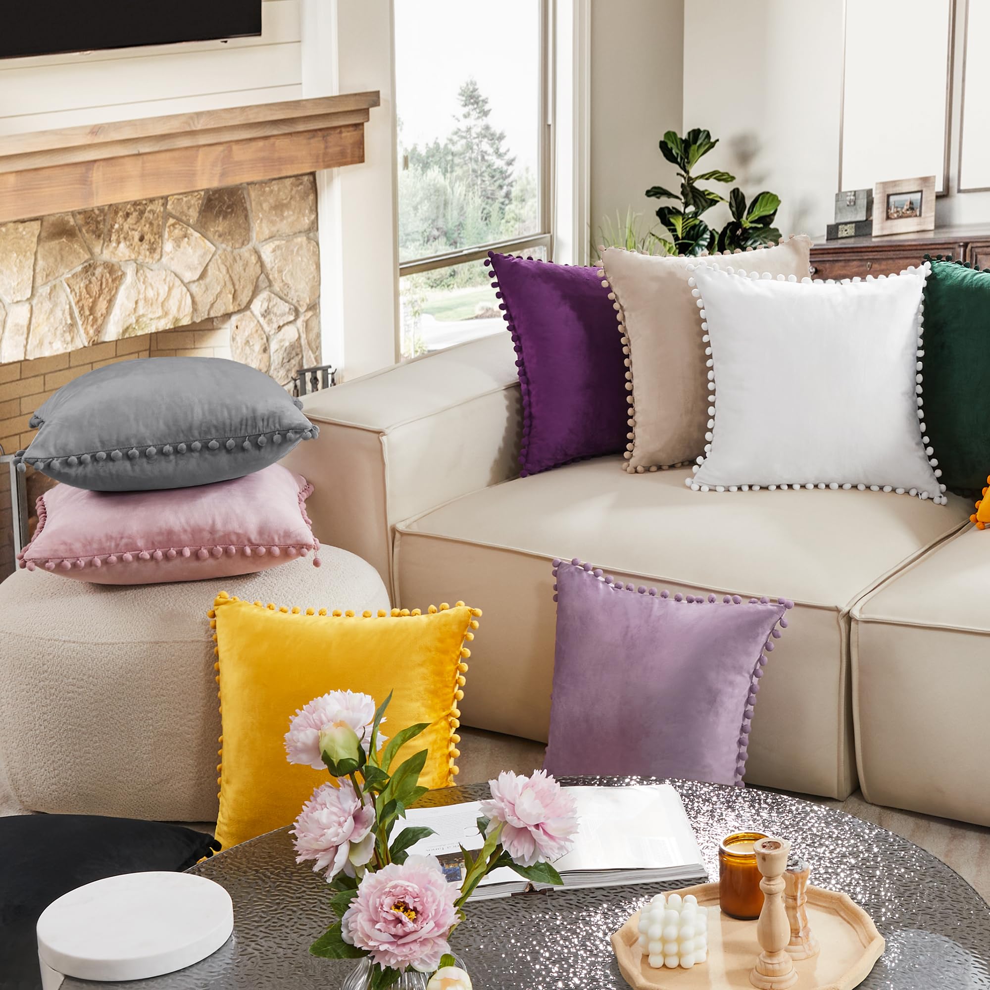 Red Velvet Cushion Covers with Pom-Poms, 2 PCS