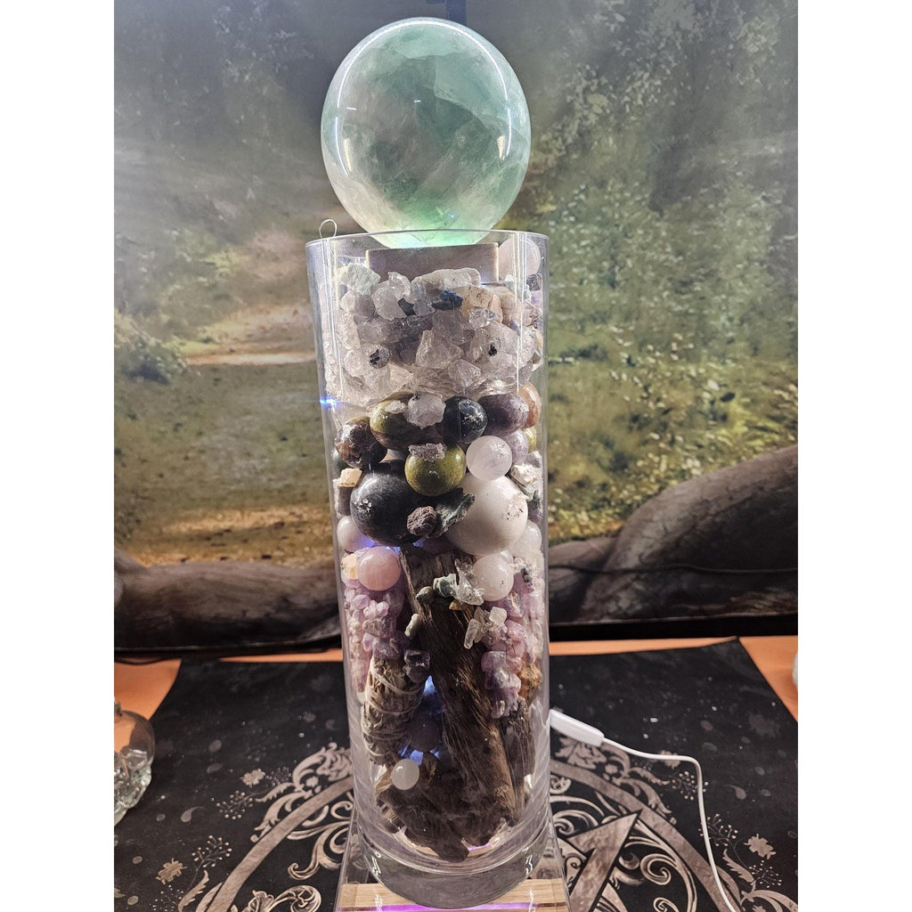 22lb Mixed Crystal Vase Collection - LED Fluorite Sphere & Amethyst | CrystalCloud Company