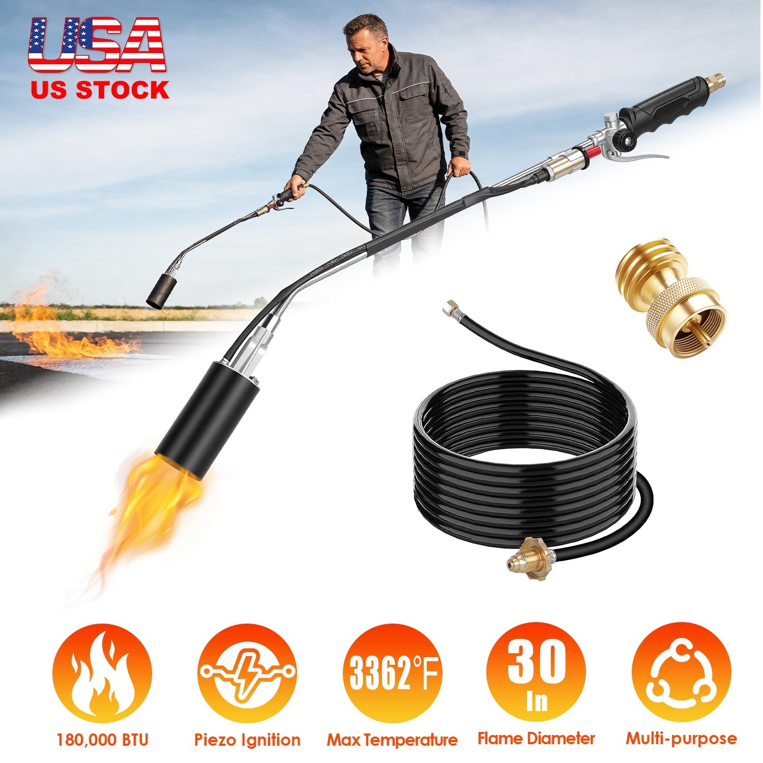 180,000 BTU Propane Weed Torch Heavy Duty Weed Burner Flame Weeder with 10FT Hose Piezo Ignition Adjustable Flame Control for Weeds Ice Snow Asphalt F