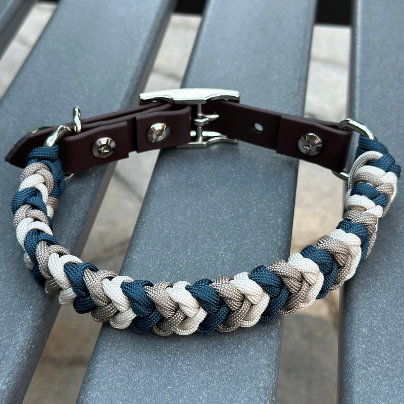 Coiled Charm Hand Braided Dog Collar in Navy, Tan, & Cream