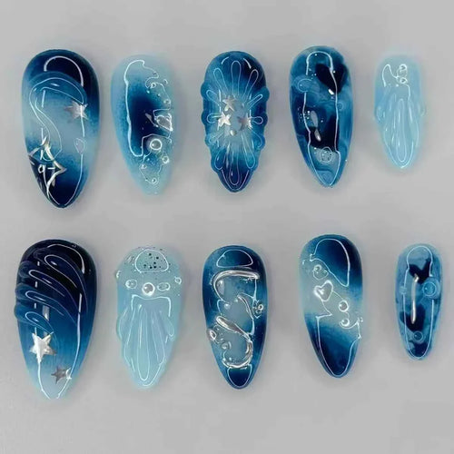 24pc Mid-Length Almond Press On Nails - Blue Smudge Full Cover Set