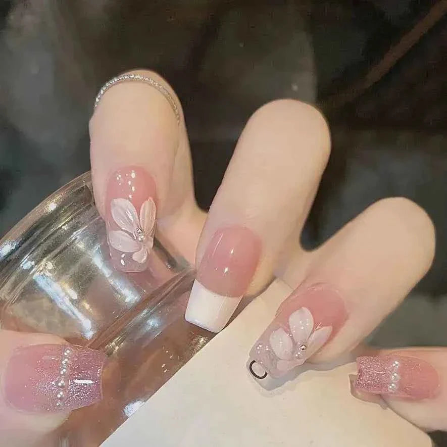 24pc Short Square Coffin Press On Nails - Glitter Diamond Blush Pink Cat Eye