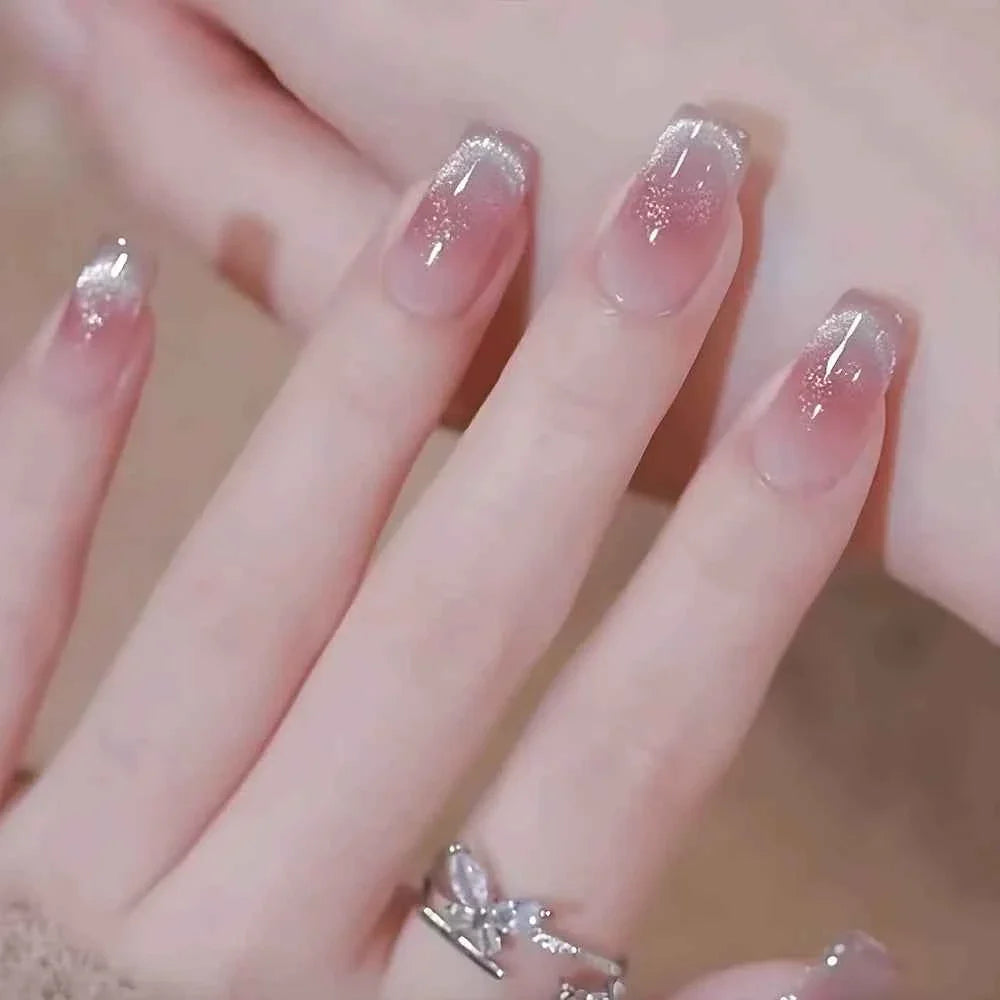 24pc Short Square Coffin Press On Nails - Glitter Diamond Blush Pink Cat Eye
