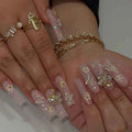 24pc Long Square French Press On Nails - 3D Heart & Rhinestone Design