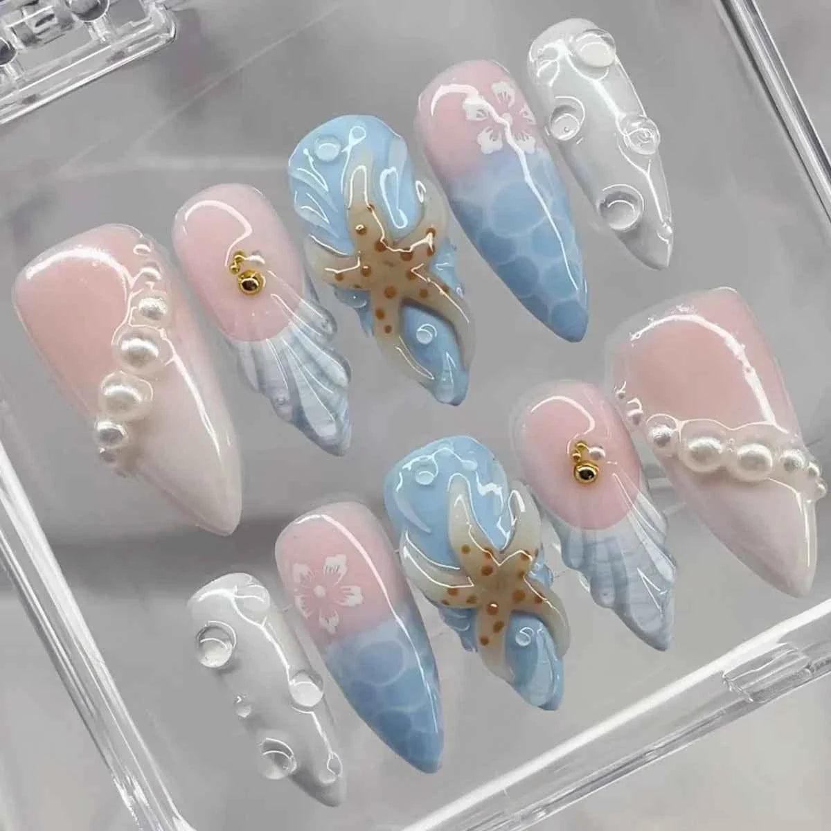 24pc Mid-Length Almond Press On Nails - Blue Smudge Full Cover Set