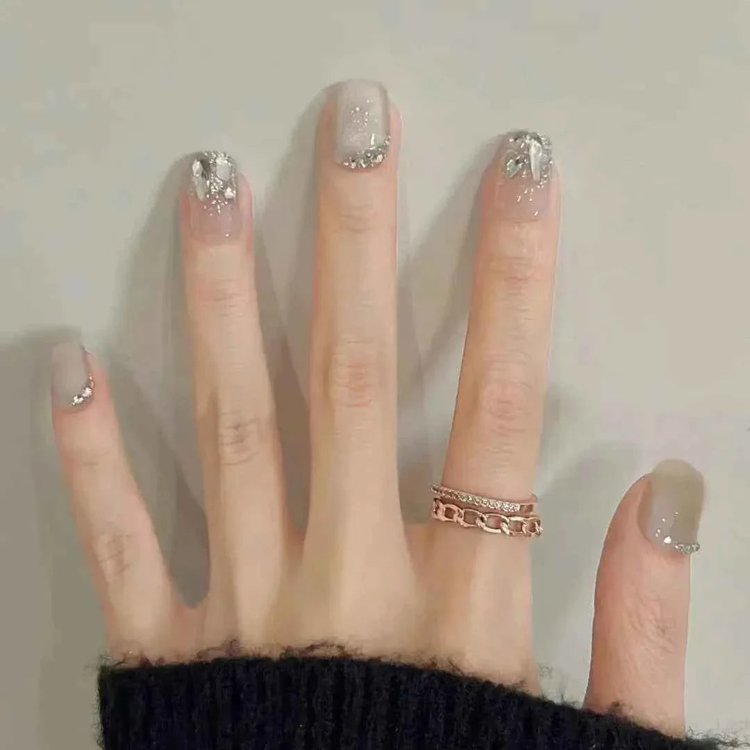 24pc Short Square Coffin Press On Nails - Glitter Diamond Blush Pink Cat Eye