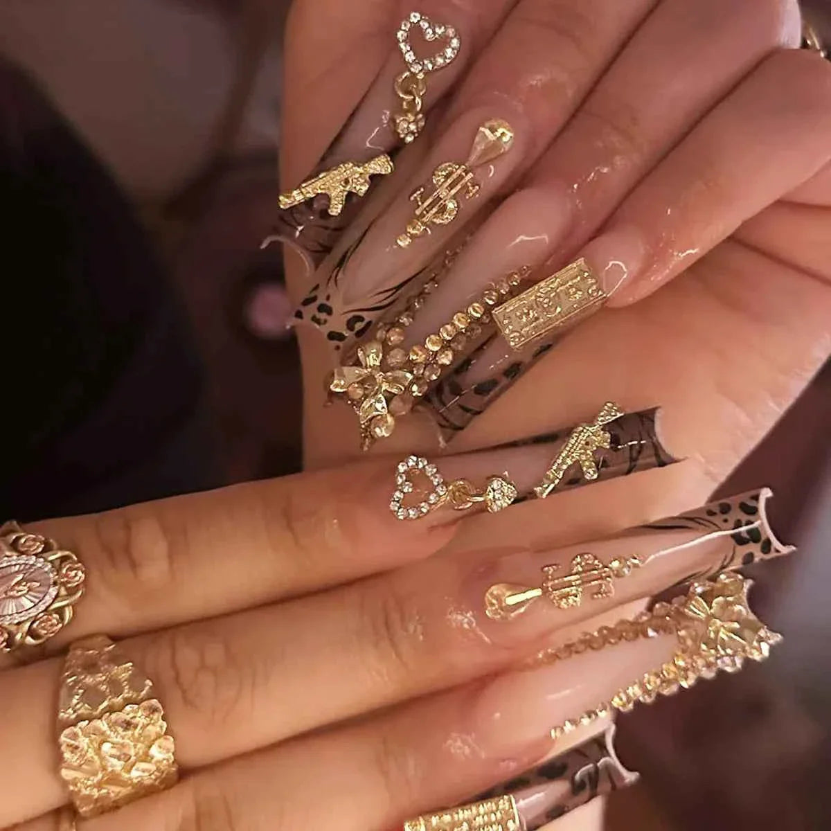 24pc Long Square French Press On Nails - 3D Heart & Rhinestone Design