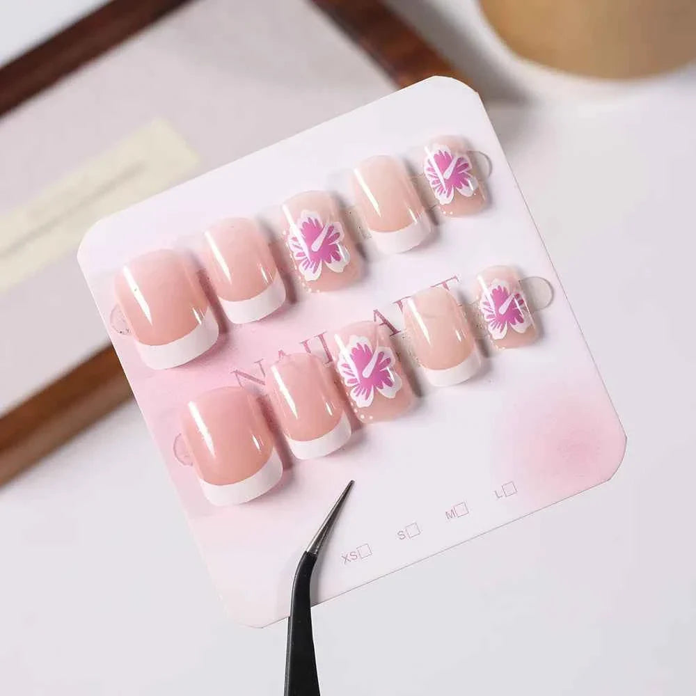24pc Short Square French Press On Nails - White & Pink Flower Design