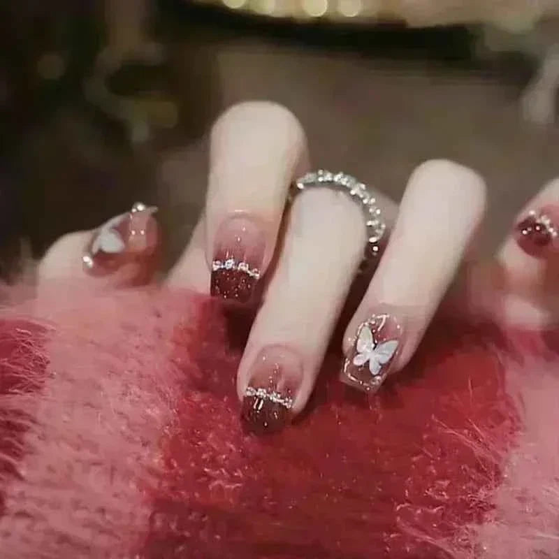 24pc Short Square Coffin Press On Nails - Glitter Diamond Blush Pink Cat Eye