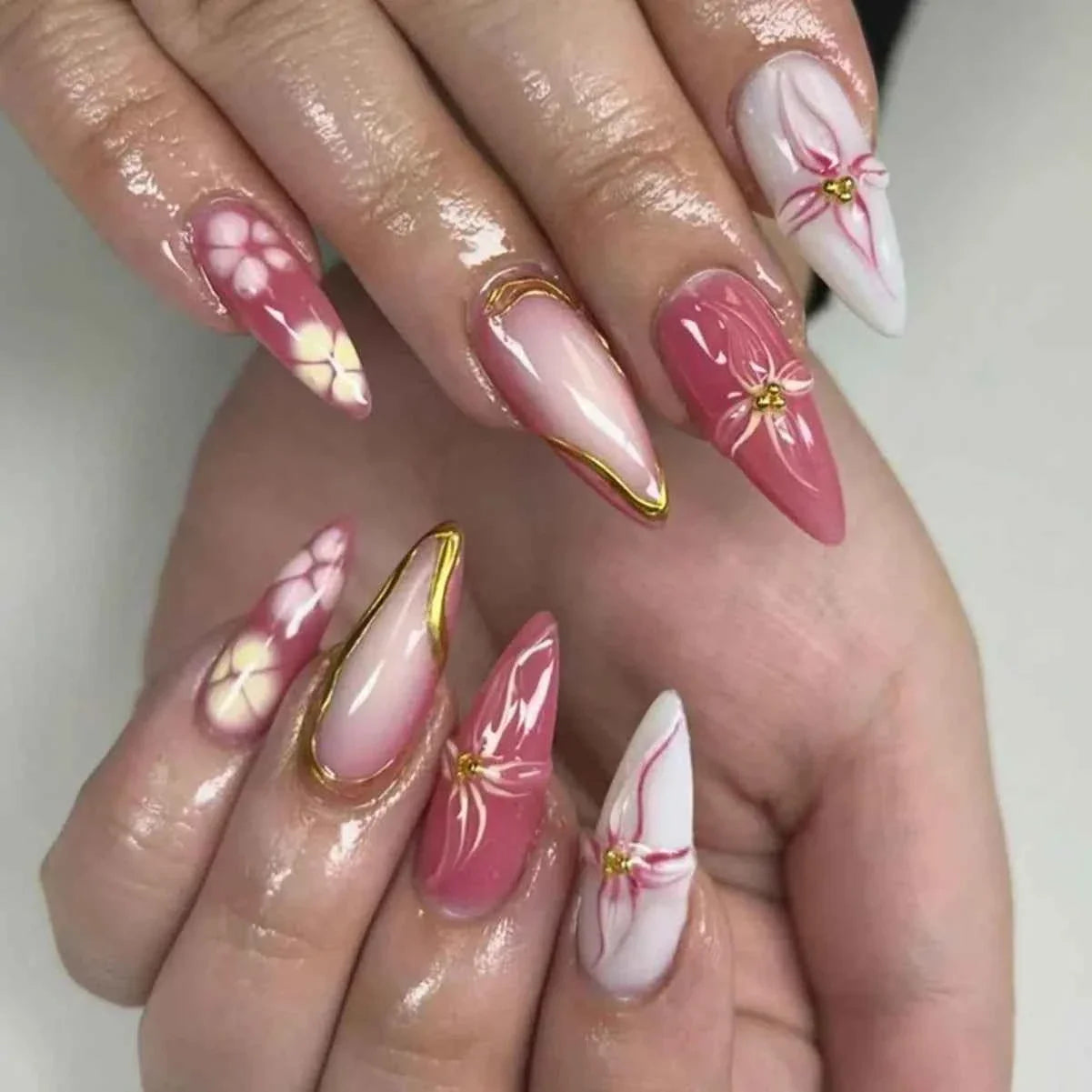 24pc Mid-Length Almond Press On Nails - Blue Smudge Full Cover Set