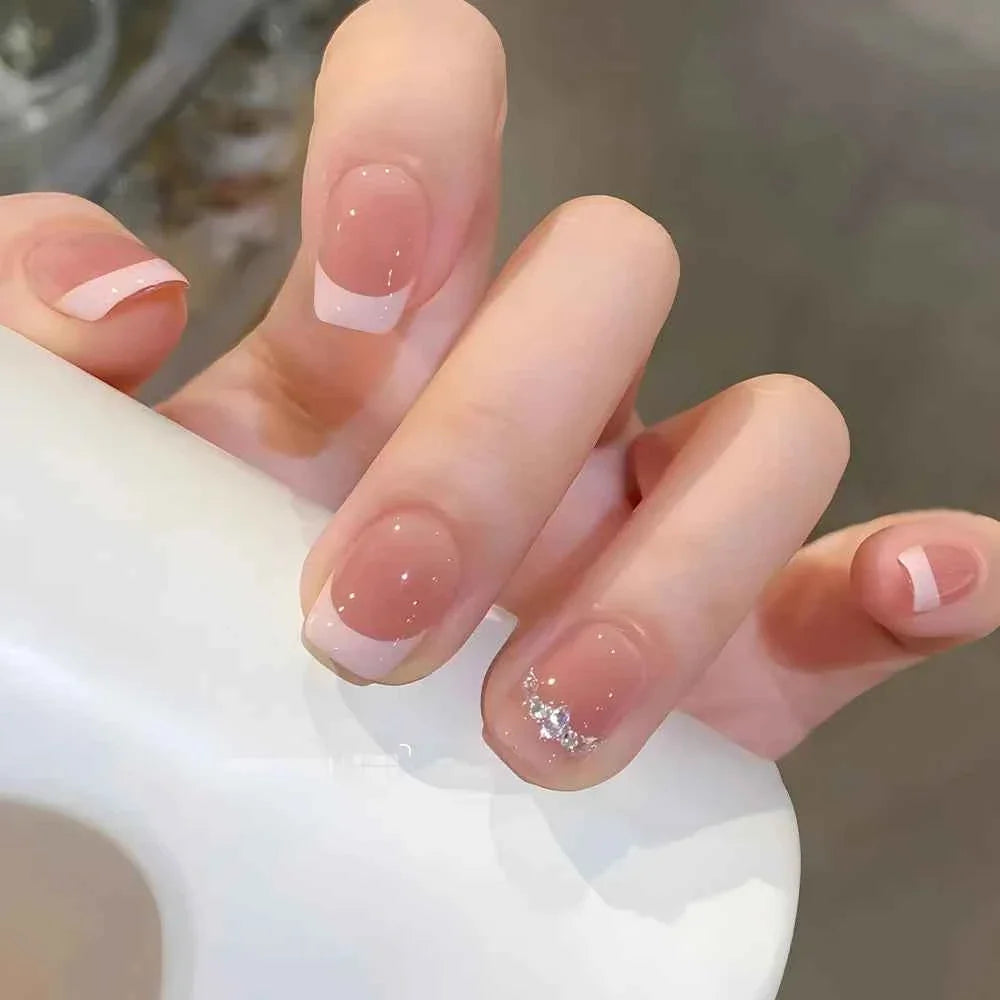 24pc Short Square Coffin Press On Nails - Glitter Diamond Blush Pink Cat Eye