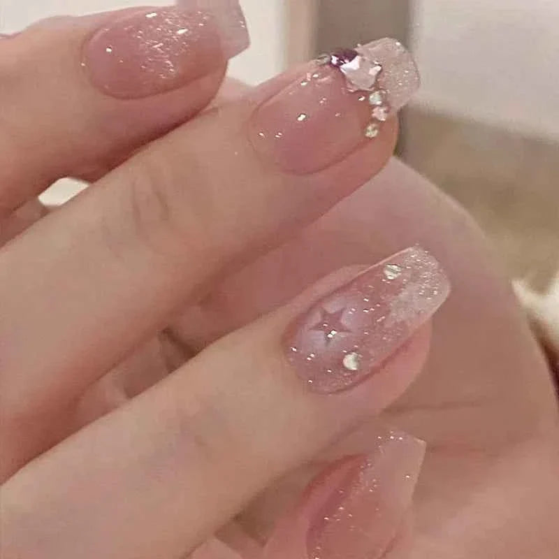24pc Short Square Coffin Press On Nails - Glitter Diamond Blush Pink Cat Eye