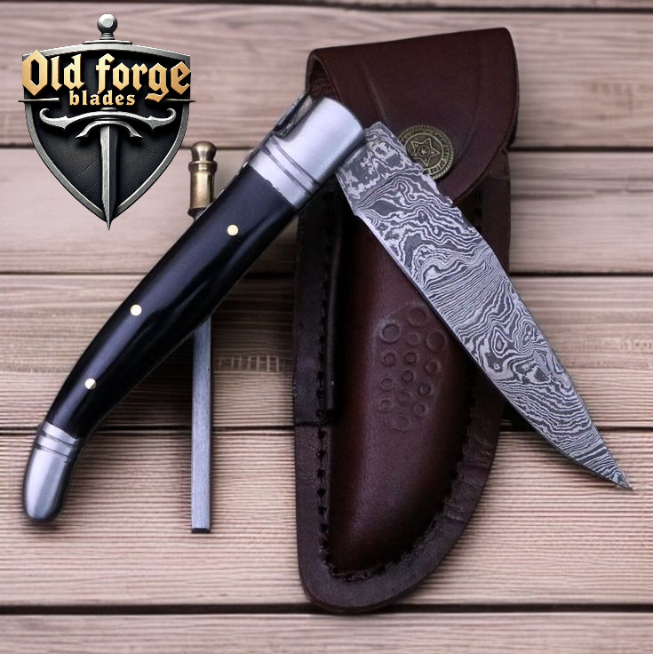 Premium Damascus Pocket Knife – Buffalo Horn Handle