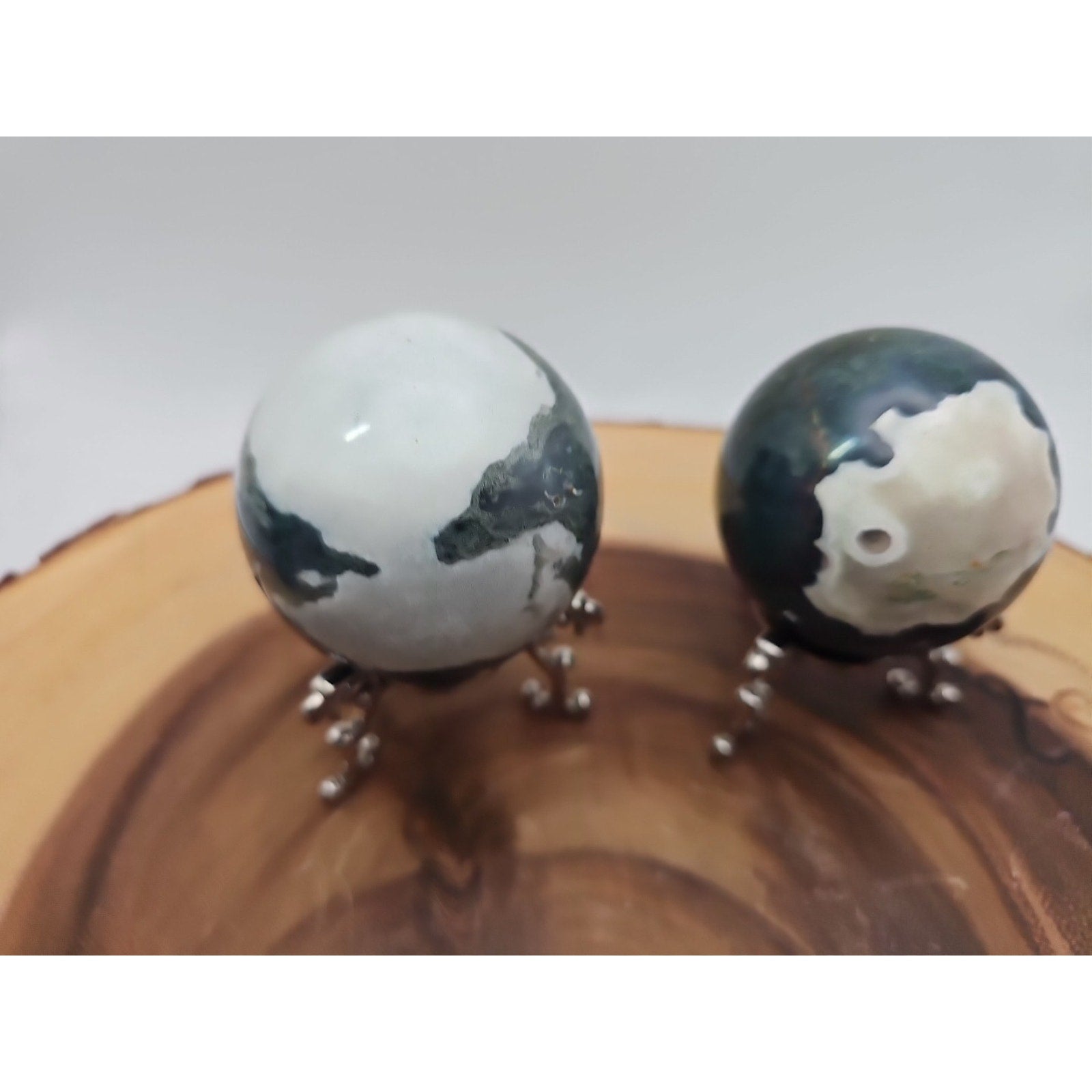 1 Pair Moss Tree Agate Sphere W/Stand 52mm .93lb