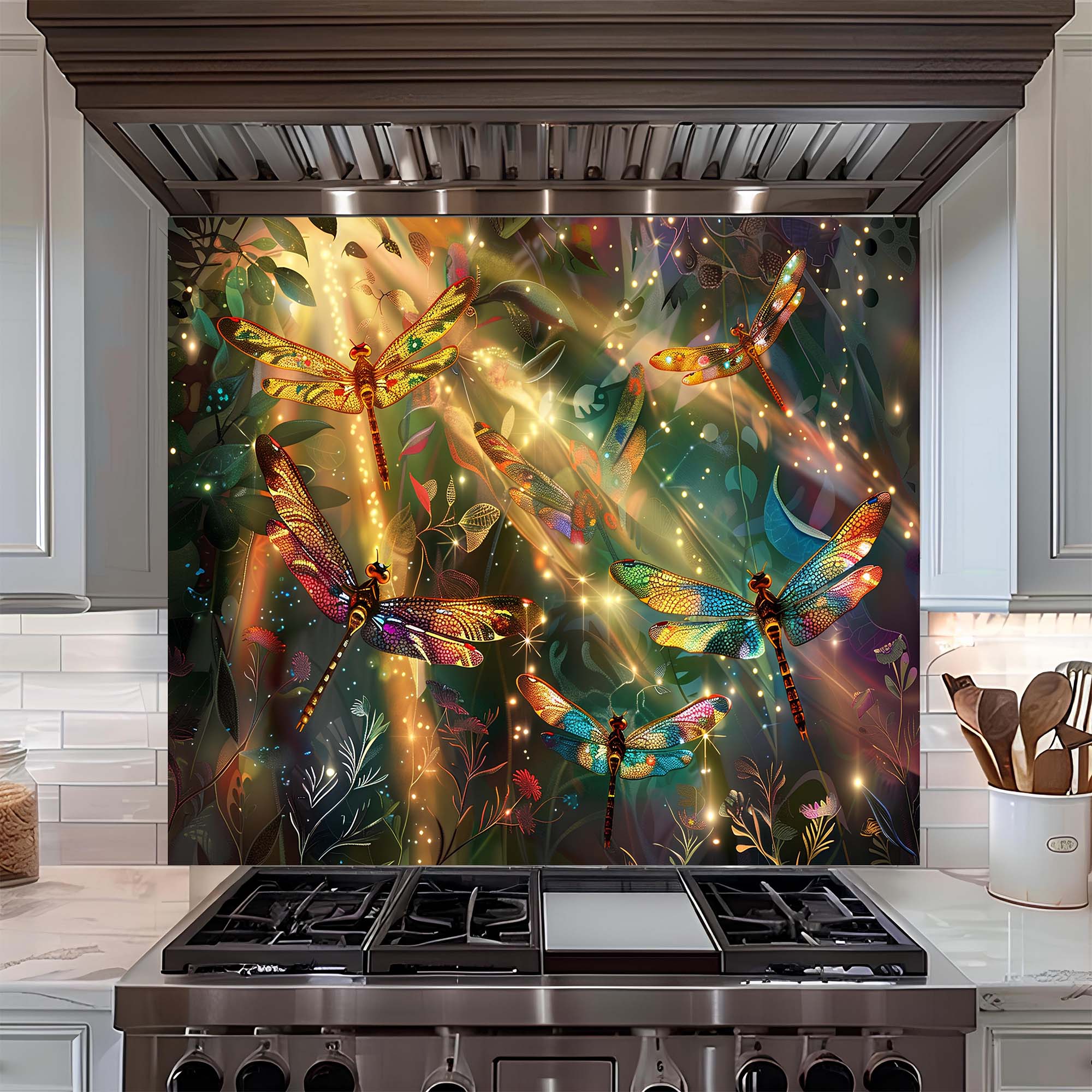 Custom Kitchen Backsplash – Enchanted Flight Tempered Glass Stove Backsplash