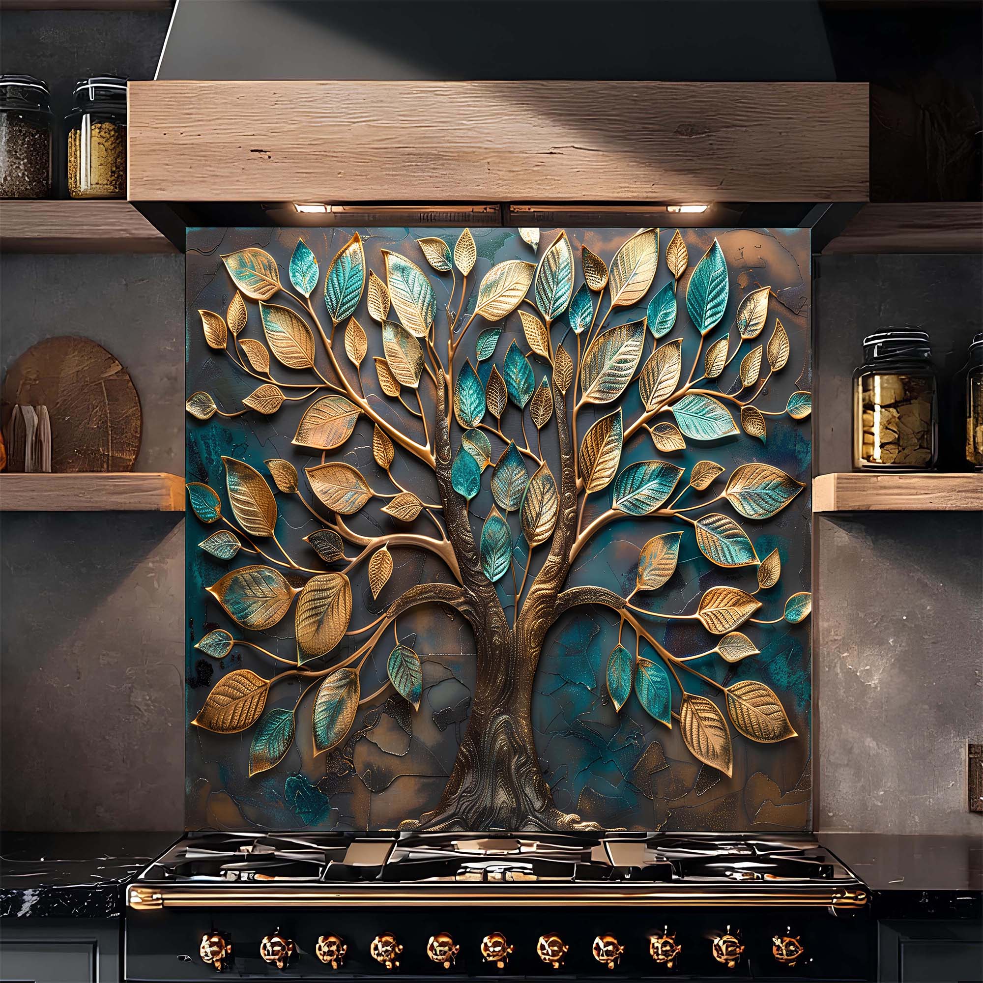 Custom Kitchen Backsplash – Golden Grove Tempered Glass Stove Backsplash