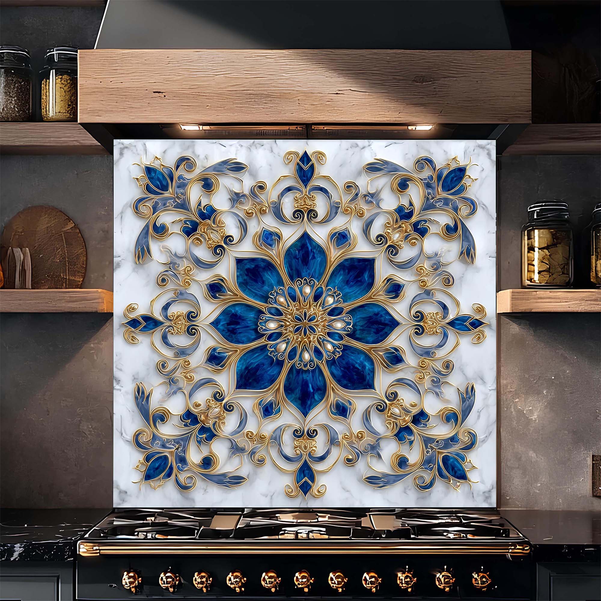 Custom Kitchen Backsplash – Royal Sapphire Tempered Glass Stove Backsplash