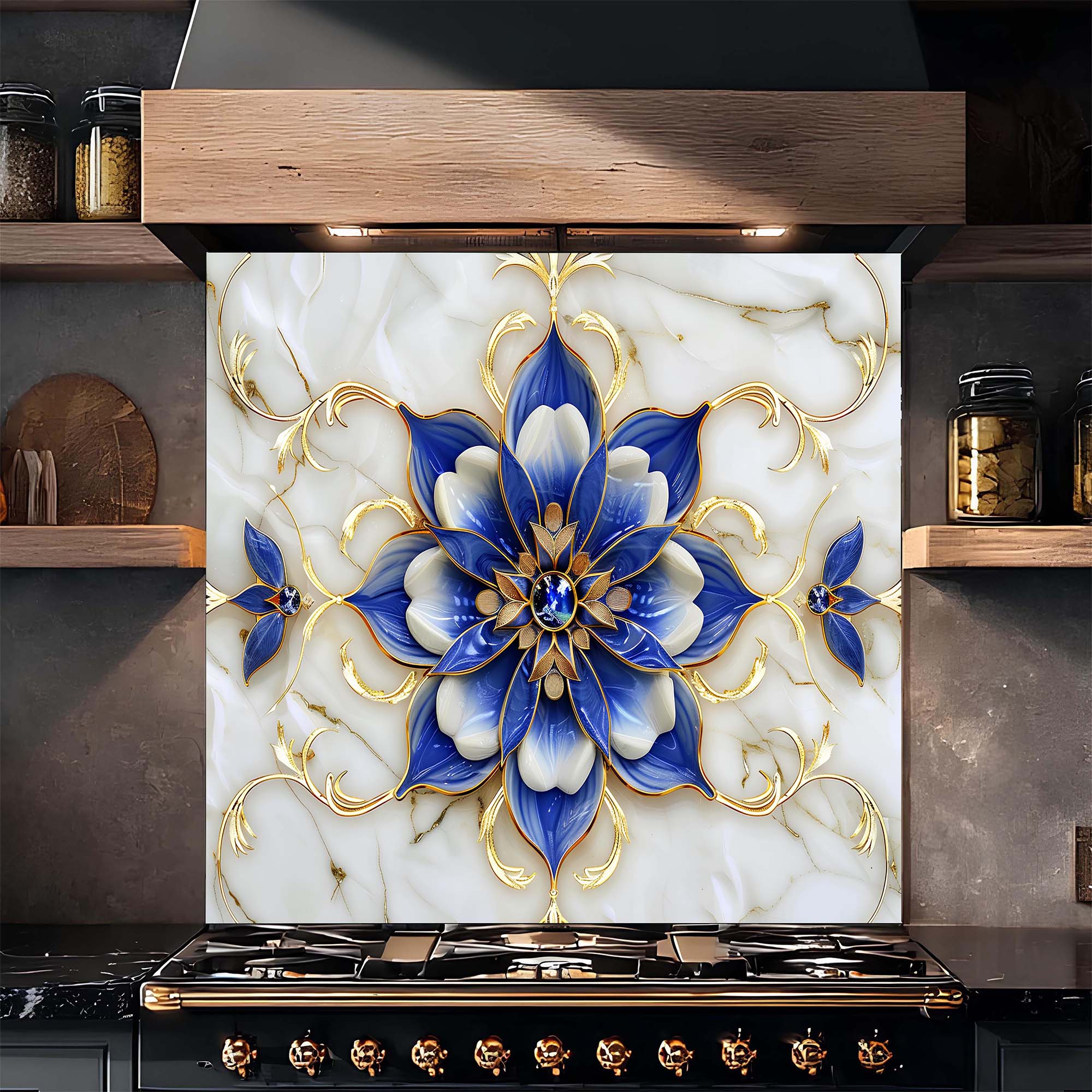 Tempered Glass Backsplash for Kitchen – Royal Blue Blossom Custom Splashback