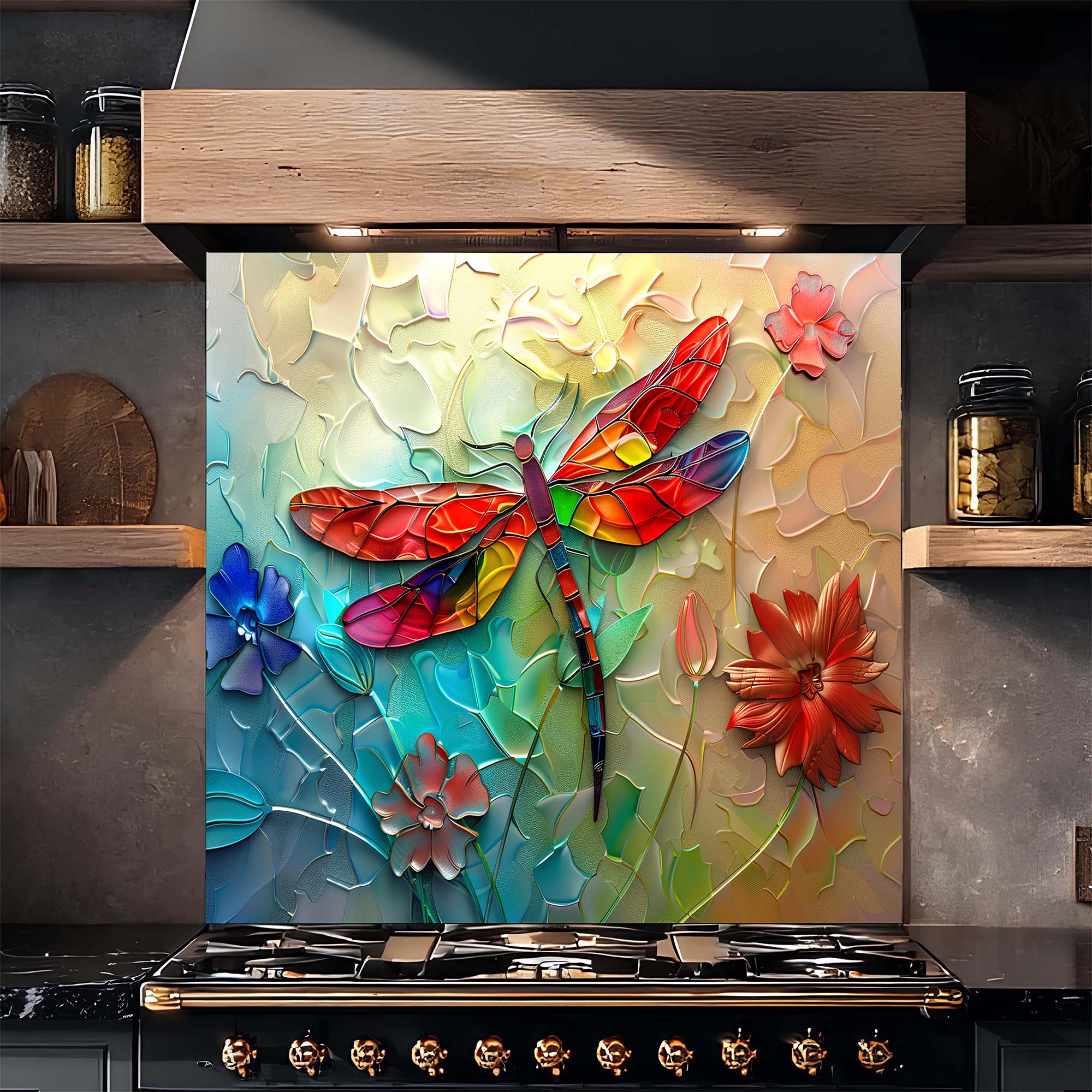 Custom Kitchen Backsplash – Rainbow Dragonfly Tempered Glass Stove Backsplash