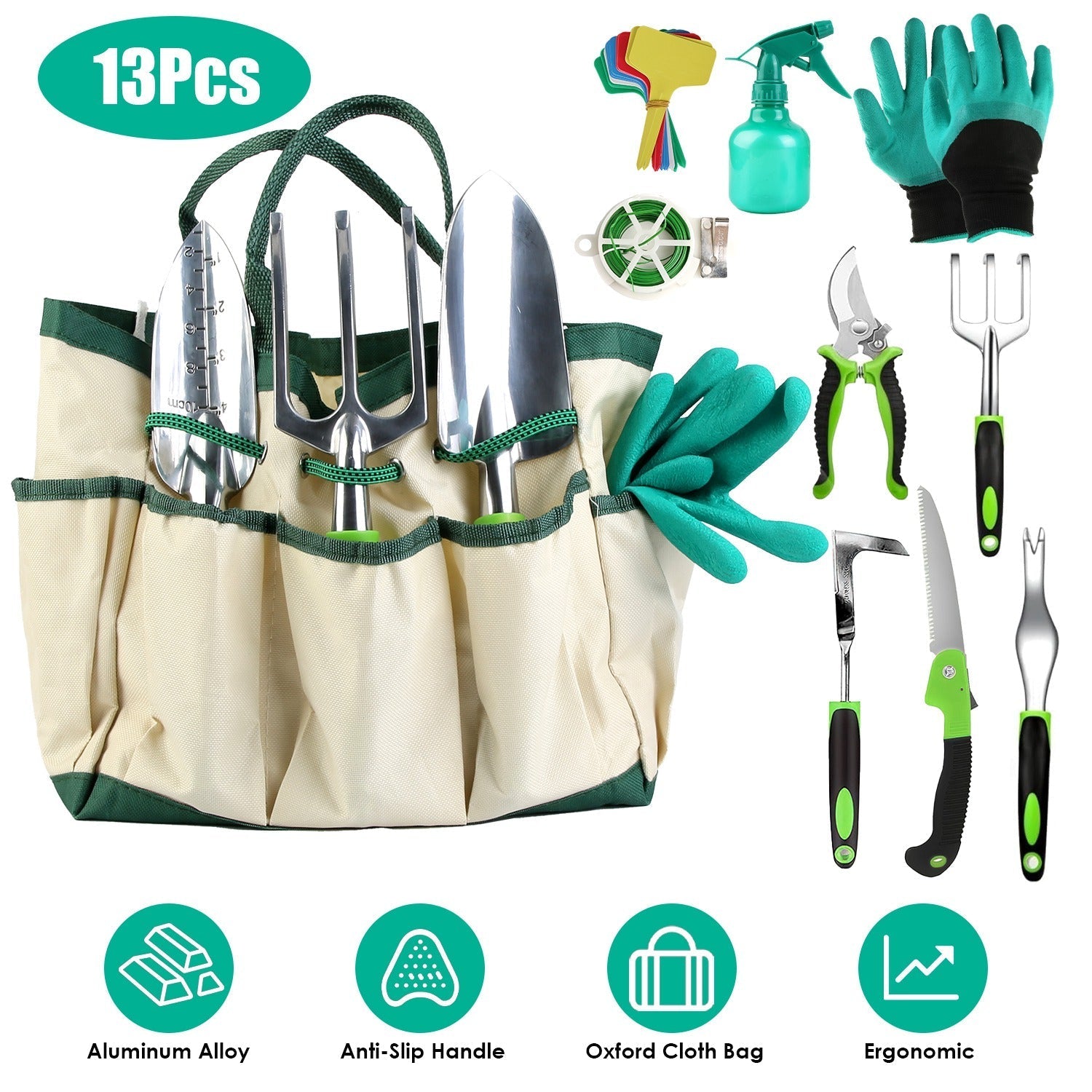 13Pcs Garden Tool Set Aluminum Alloy Gardening Hand Tools Starter Kit With Garden Bag Heavy Duty Outdoor Hand Tools With Non-Slip Ergonomic Handle For