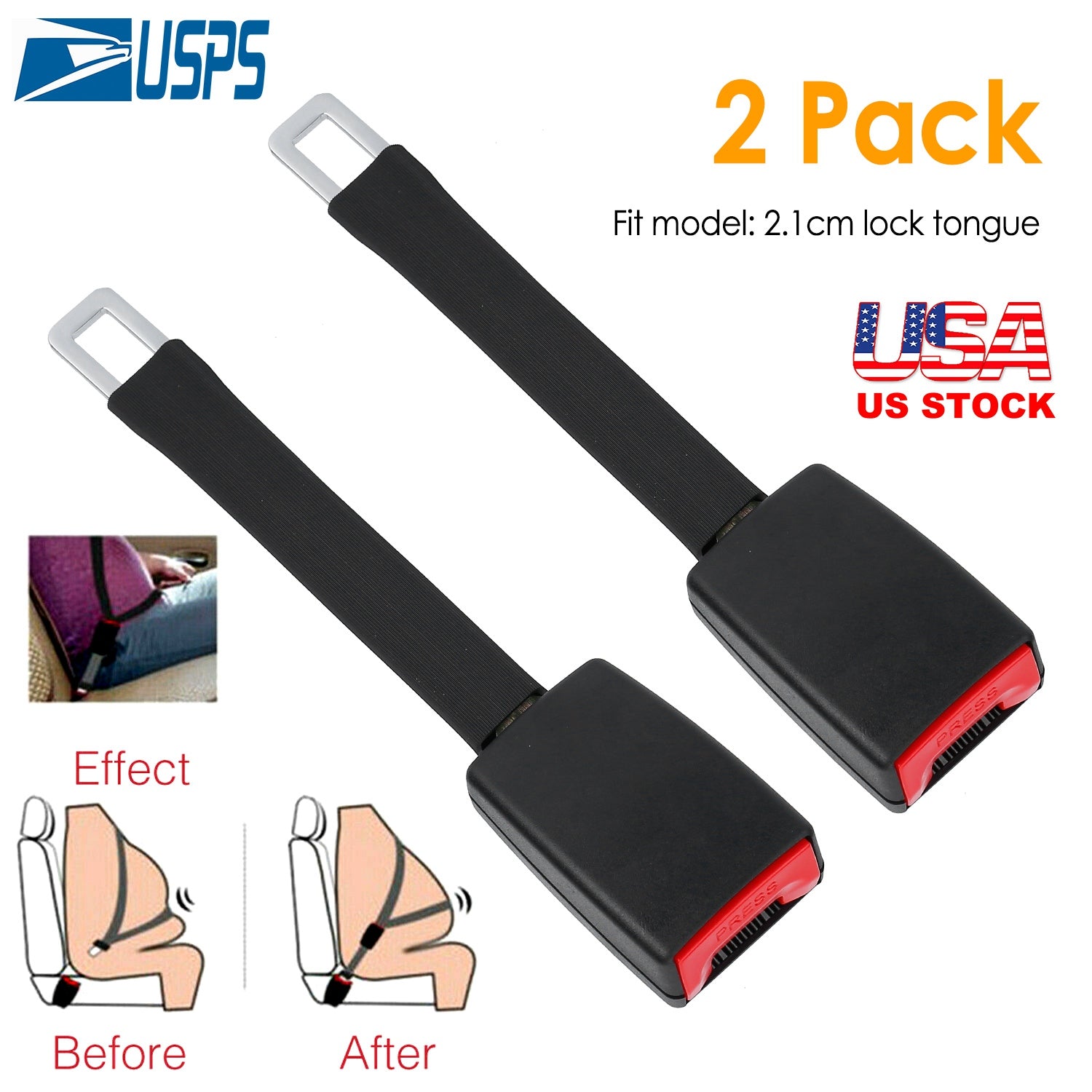 2Pcs Car Seat Belt Extender 9in Buckle Tongue Webbing Extension Safety Belt Auto Belt Clip Lengthening