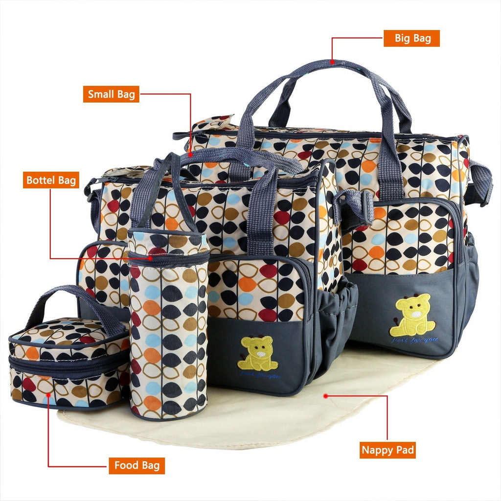 5PCS Baby Nappy Diaper Bags Set Mummy Diaper Shoulder Bags w/ Nappy Changing Pad Insulated Pockets Travel Tote Bags For Mom Dad