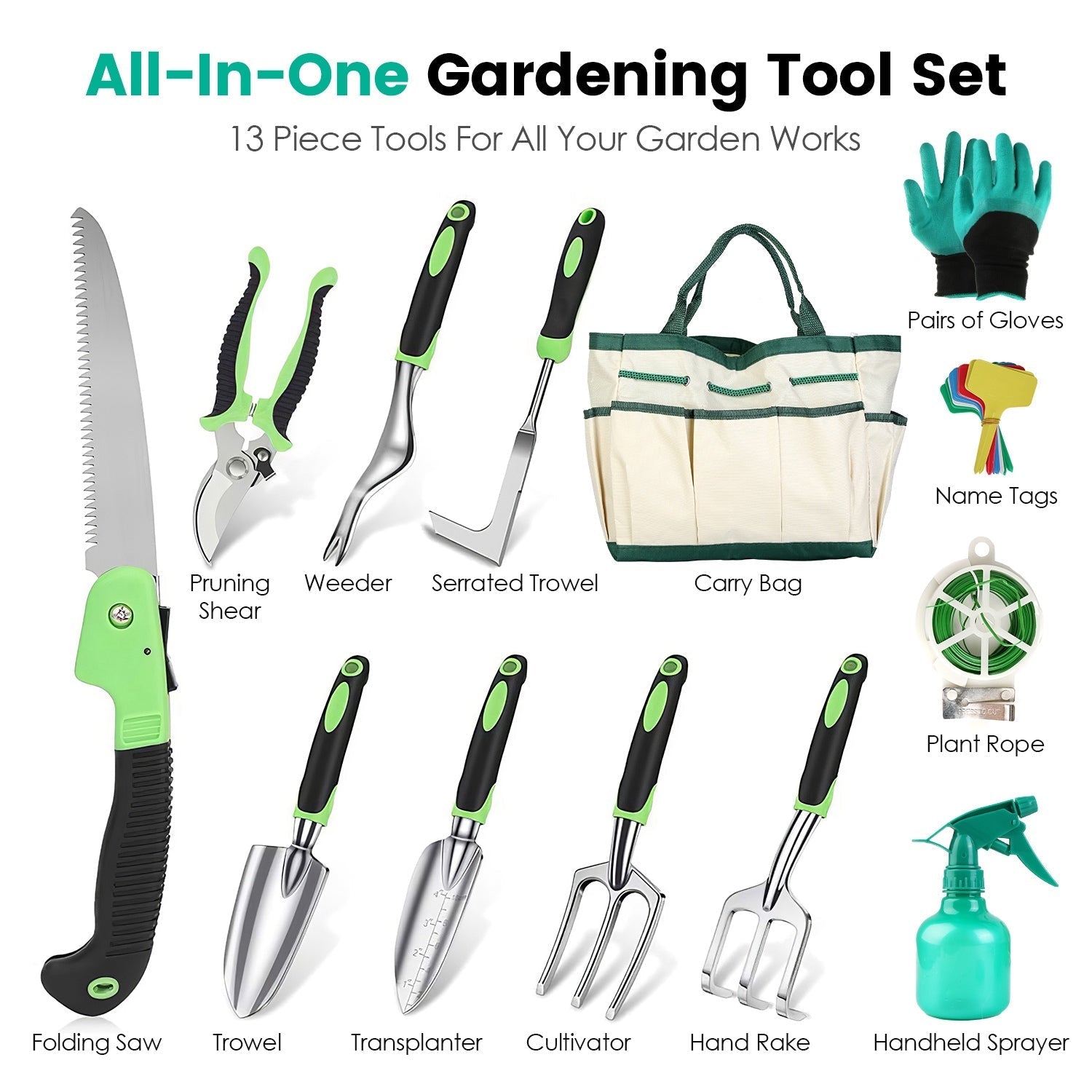 13Pcs Garden Tool Set Aluminum Alloy Gardening Hand Tools Starter Kit With Garden Bag Heavy Duty Outdoor Hand Tools With Non-Slip Ergonomic Handle For