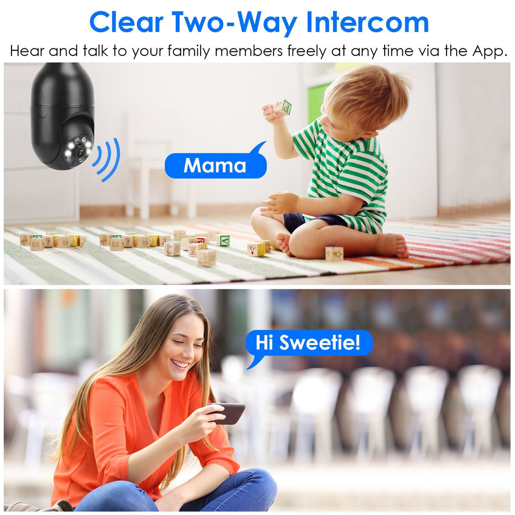 E27 WiFi Bulb Camera 1080P FHD WiFi IP Pan Tilt Security Surveillance Camera with Two-Way Audio Night Vision Motion Detection Function APP Control