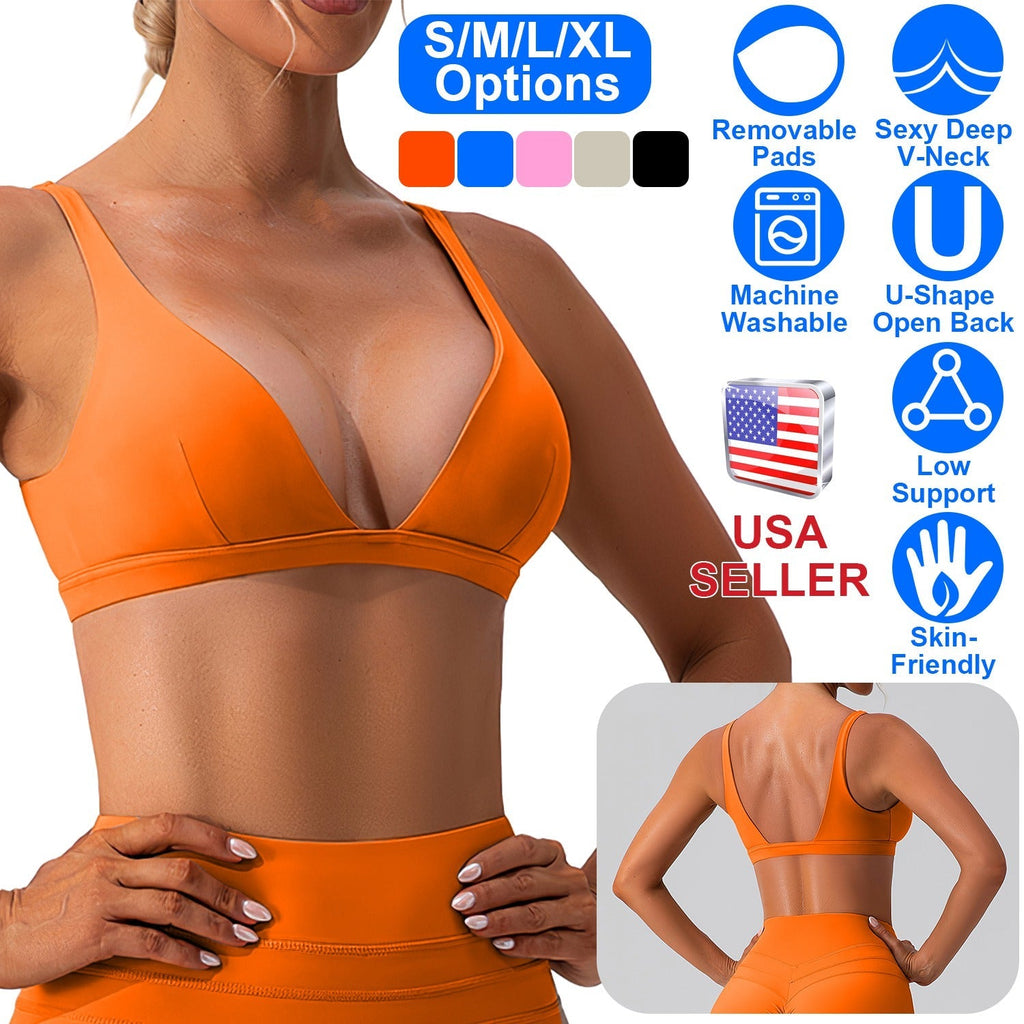 Women Deep V-Neck Sports Bras U-Shaped Back Sport Bras Padded StrappyÊCrop Open Back Low Impact Bras SexyÊFitnessÊTank Tops with Removable Pads for Gy