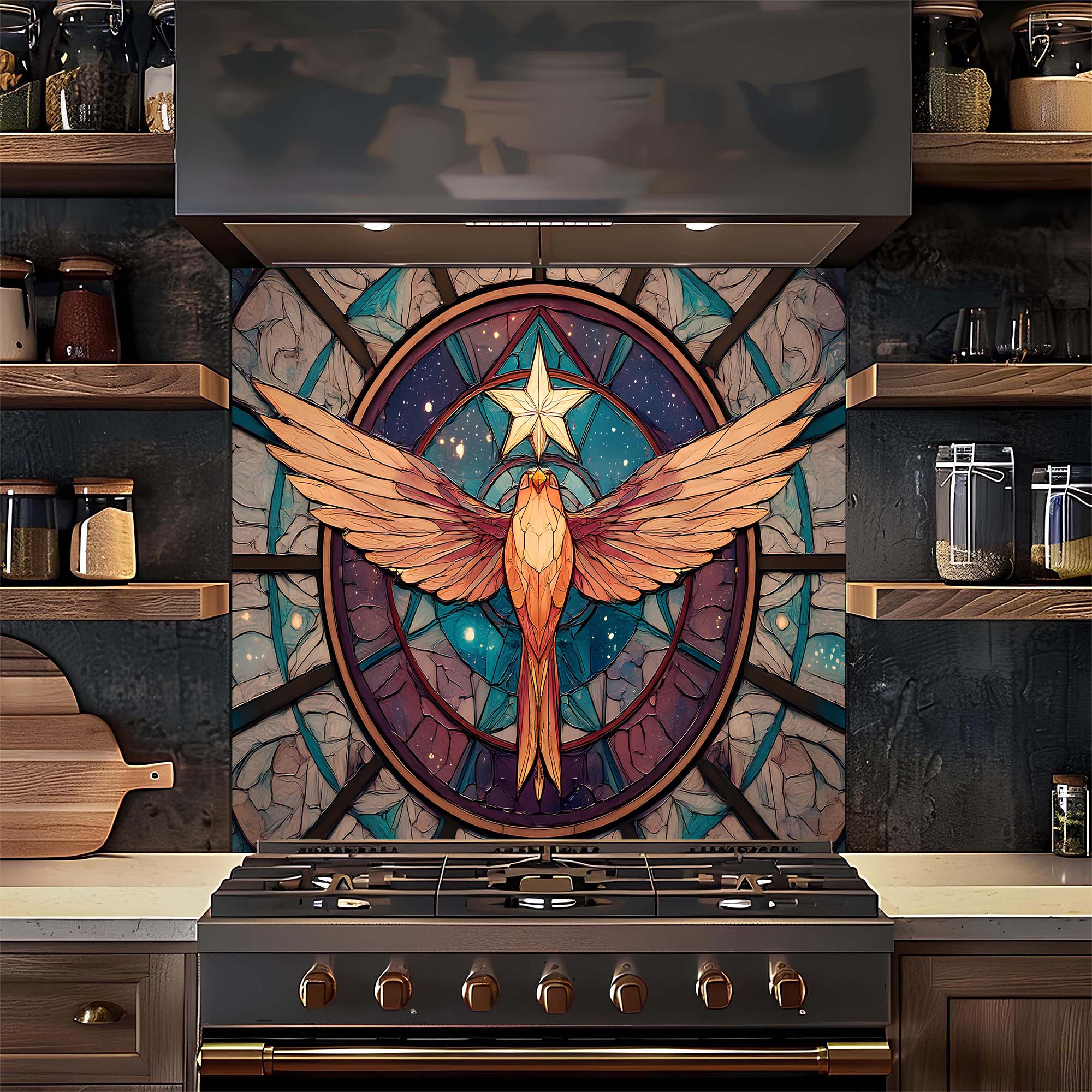 Custom Kitchen Backsplash – Celestial Ascent Tempered Glass Backsplash for Stove