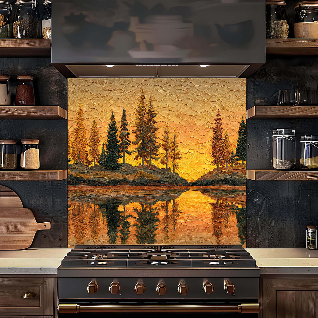 Custom Kitchen Backsplash – Golden Sunset Forest Tempered Glass Backsplash