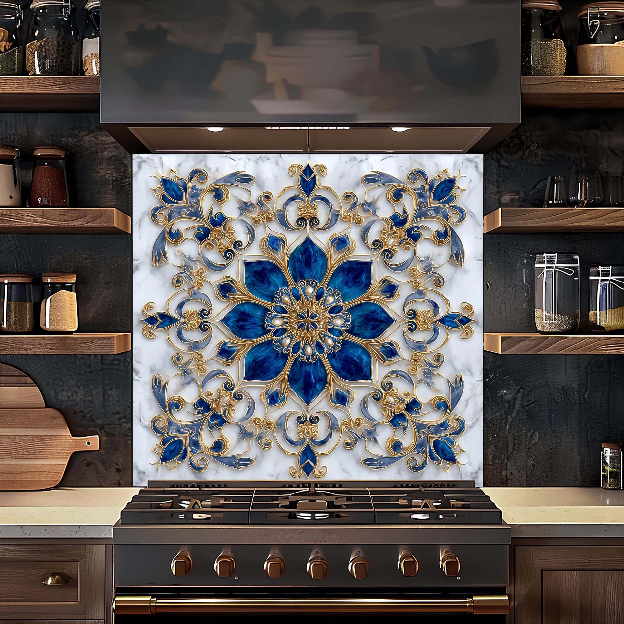 Custom Kitchen Backsplash – Royal Sapphire Tempered Glass Stove Backsplash