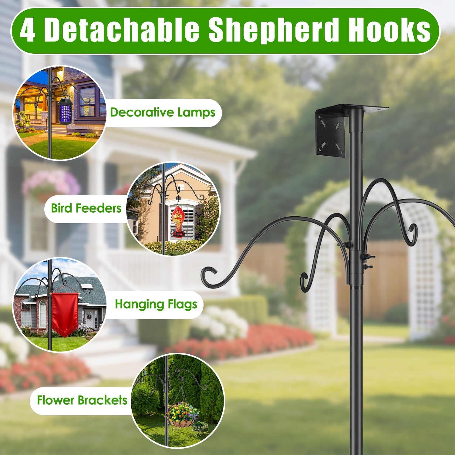 94Inch Squirrel Proof Bird Feeder Pole Heavy-Duty Bird House Pole  Outdoor Bird Feeding Station with 5 Adjustable Heights 4 Shepherd Hooks Top & Side