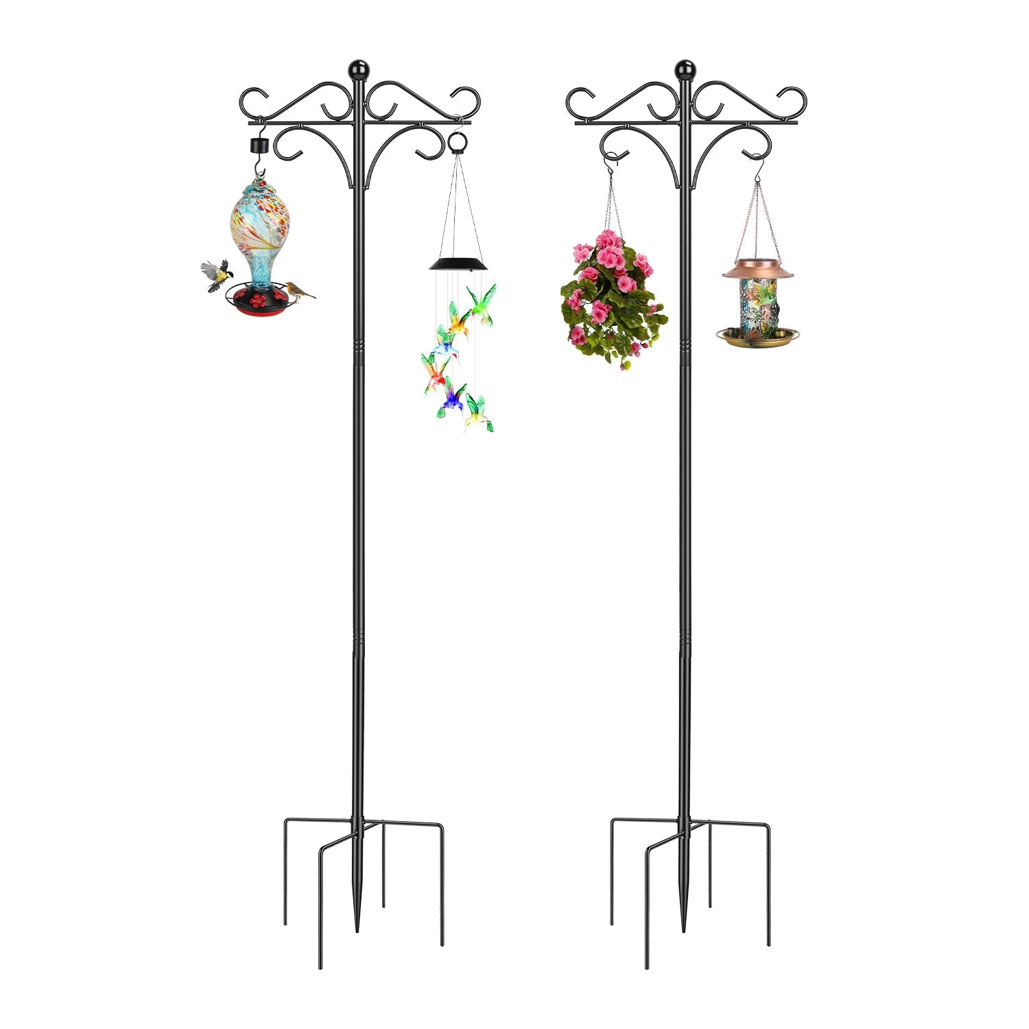2 Packs 91in Heavy Duty Double Shepherds Hook Bird Feeder Pole Garden Hanging Holder with 5 Adjustable Height 5 Prong Base for Bird Feeder Garden Plan
