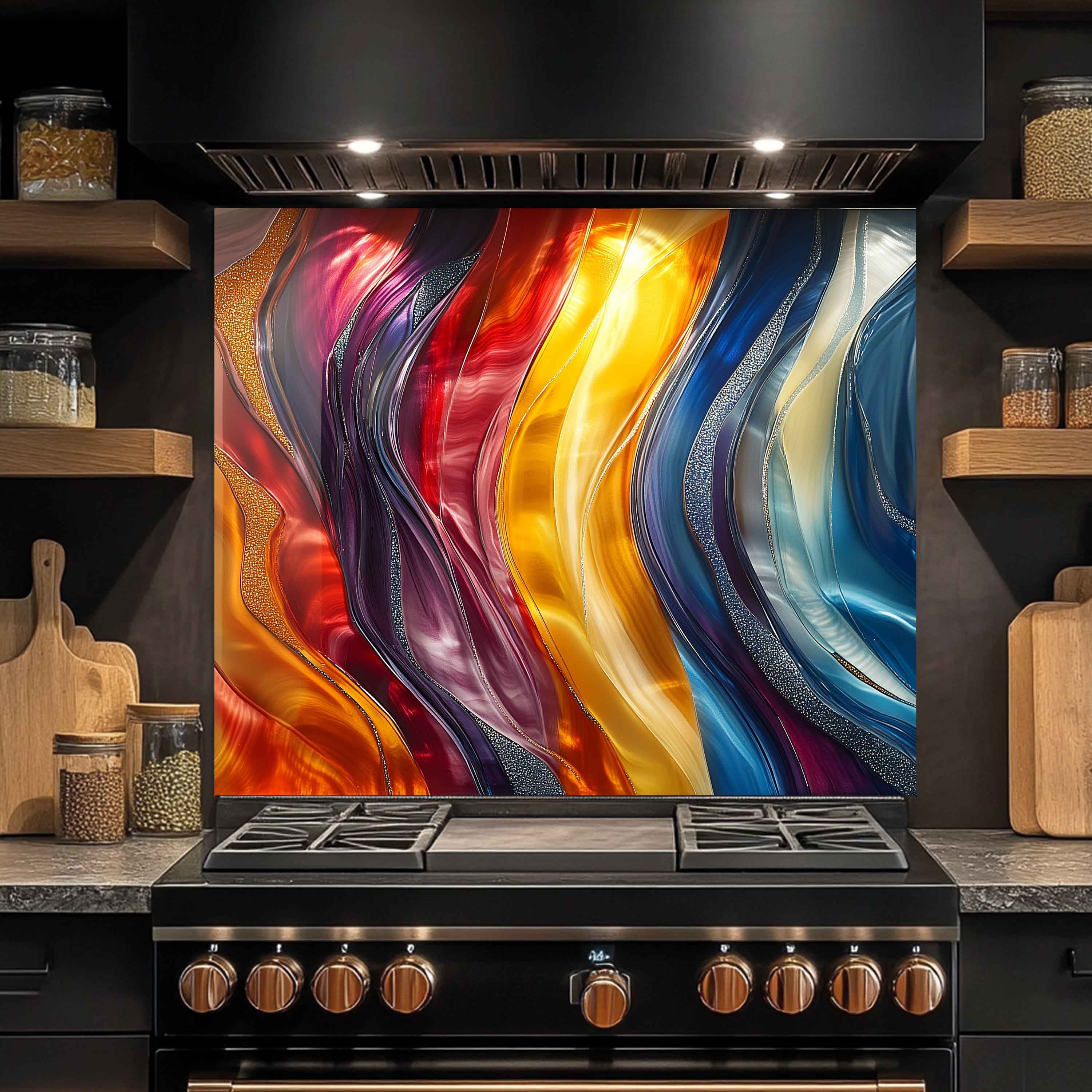 Aurora Waves Tempered Glass Backsplash – Modern Abstract Custom Kitchen Wall Panel